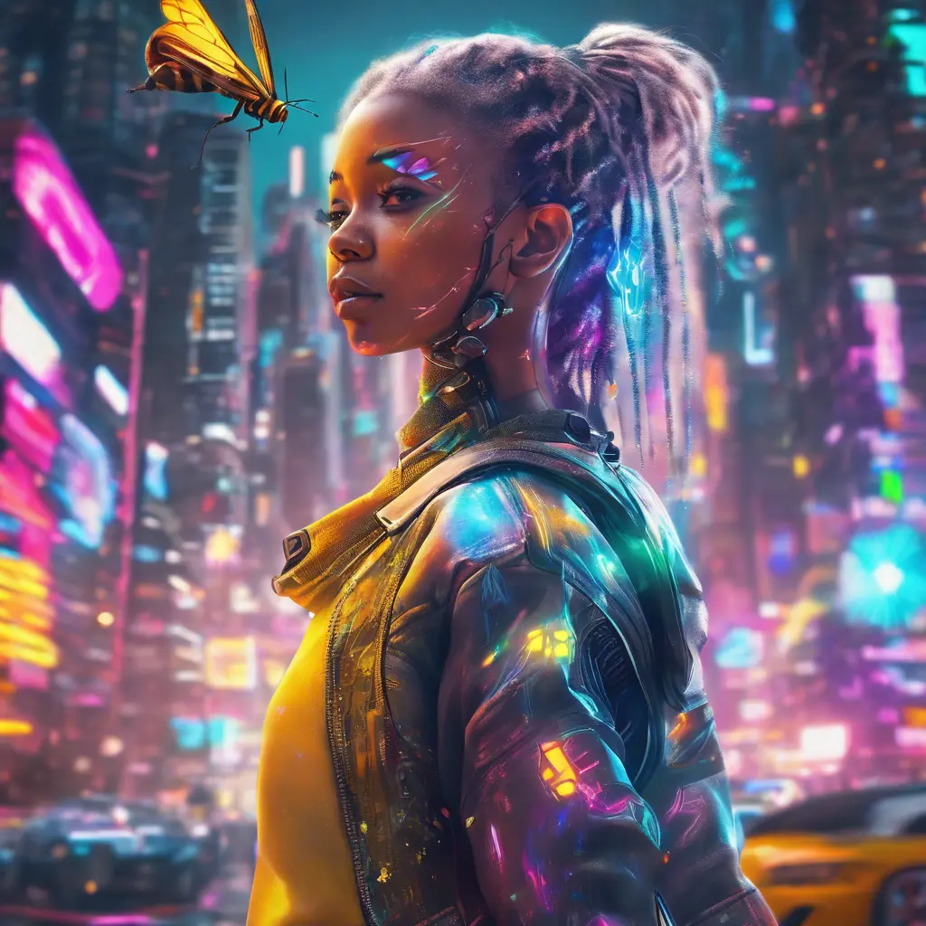 A Cyberpunk half bee and half Human white girl with vizor, Afrofuturism, Cybernatic and Sci-Fi, Cityscape, Bloom light effect, Colorful, Ecstatic, Exciting, Joyful