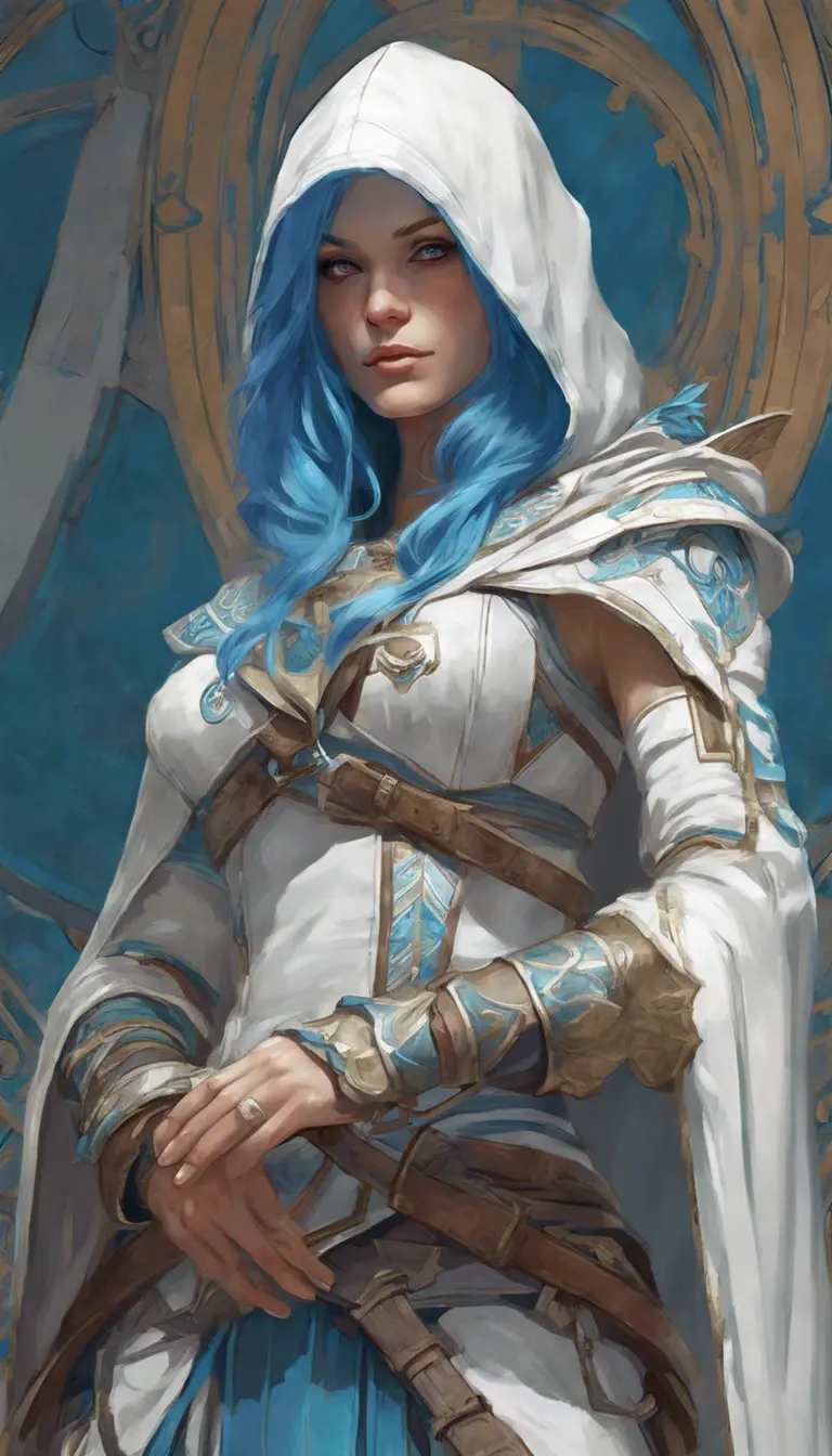 Closeup of blue haired witch from Assassins Creed in white armor, Highly Detailed, Intricate, Artstation, Beautiful, Digital Painting, Sharp Focus, Concept Art, Elegant by Alphonse Mucha, Greg Rutkowski