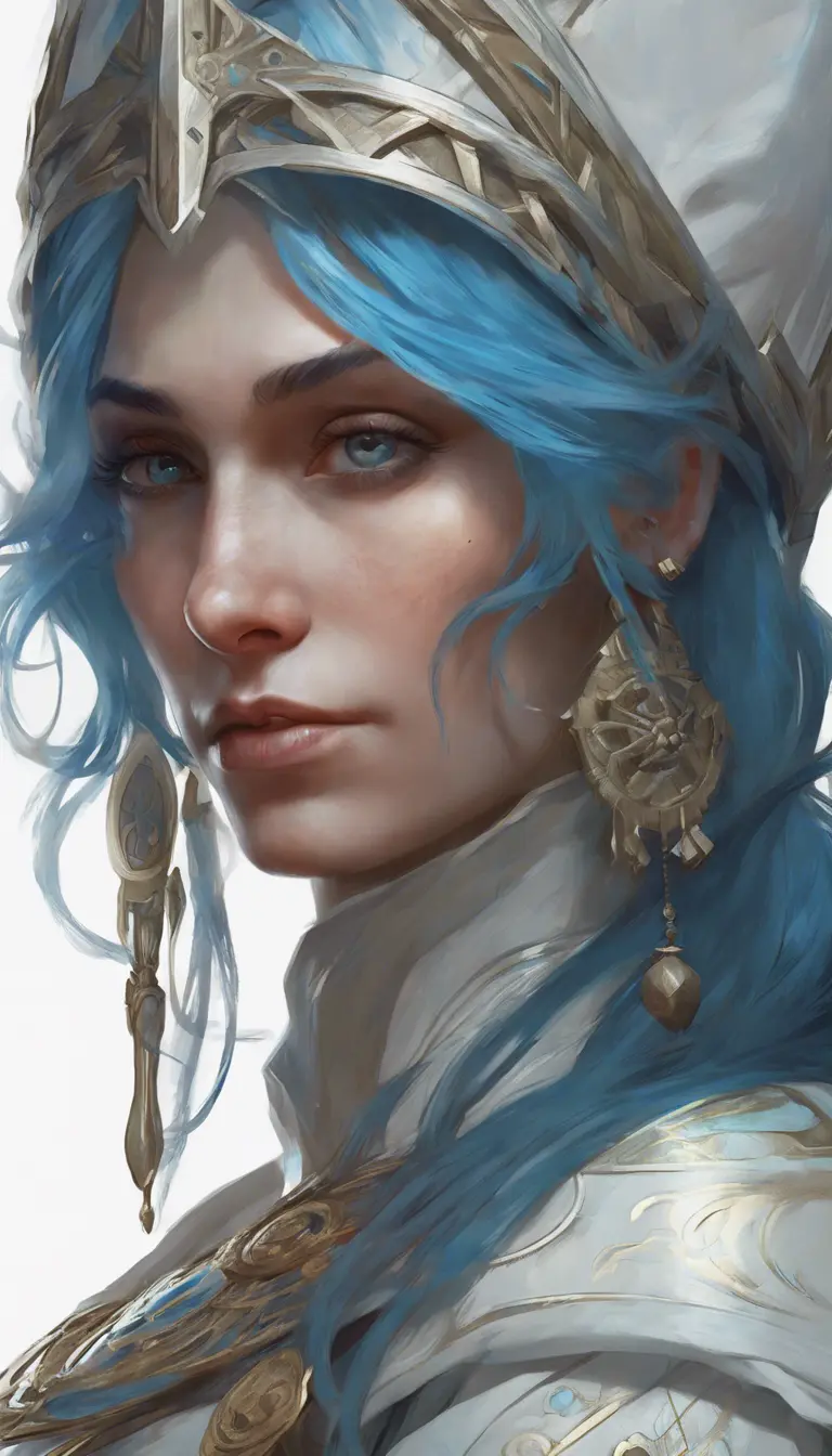 Closeup of blue haired witch from Assassins Creed in white armor, Highly Detailed, Intricate, Artstation, Beautiful, Digital Painting, Sharp Focus, Concept Art, Elegant by Alphonse Mucha, Greg Rutkowski