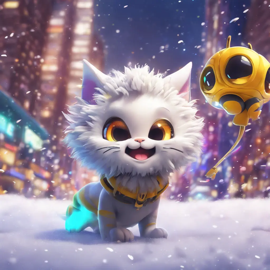 A funny furry half bee and half cat with 7 tails, Afrofuturism, Chibi, Cybernatic and Sci-Fi, Cityscape, Snow, Dreamworks, Bloom light effect, Colorful, Ecstatic, Exciting, Joyful