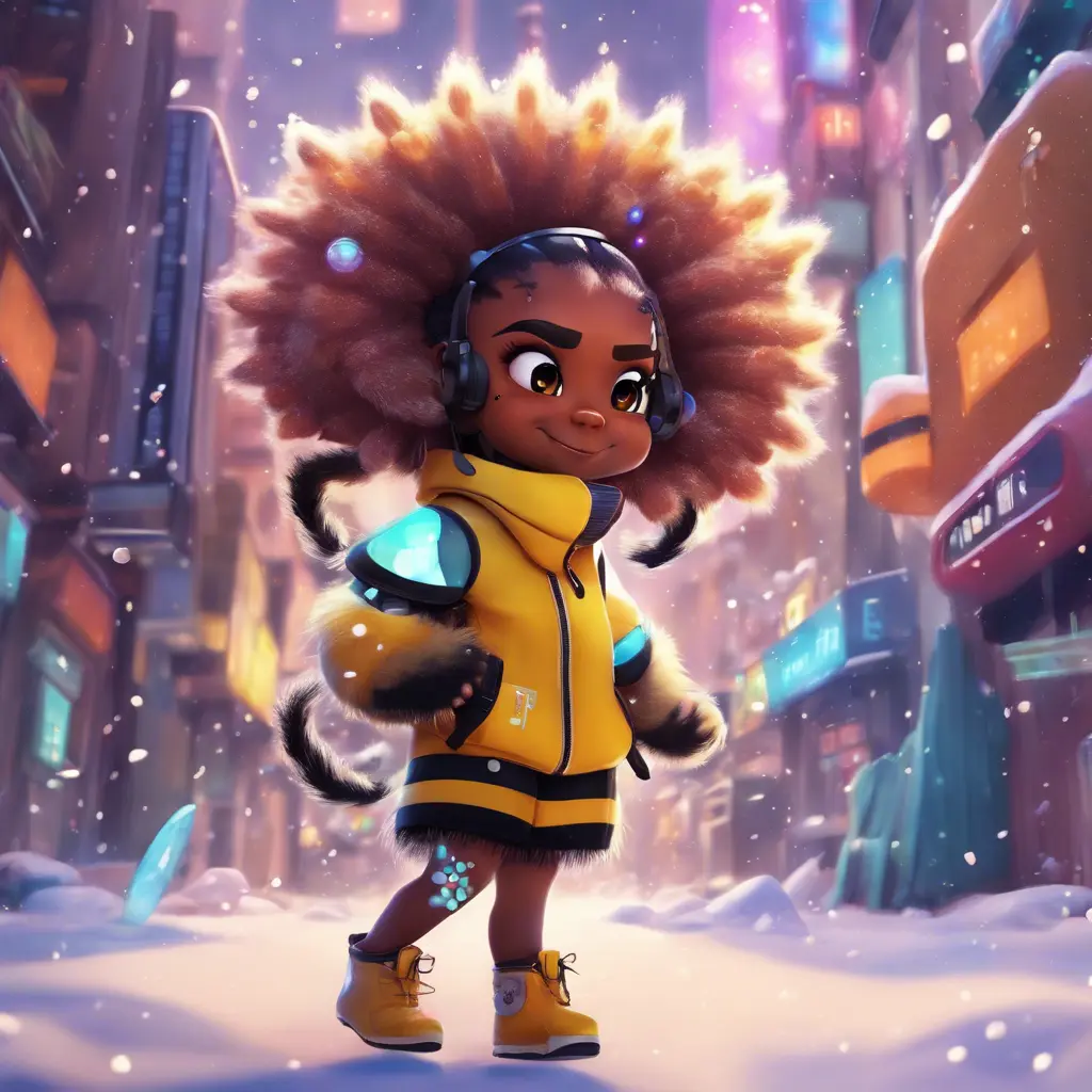 A funny furry half bee and half Human girl with 7 tails, Afrofuturism, Chibi, Cybernatic and Sci-Fi, Cityscape, Snow, Dreamworks, Bloom light effect, Colorful, Ecstatic, Exciting, Joyful