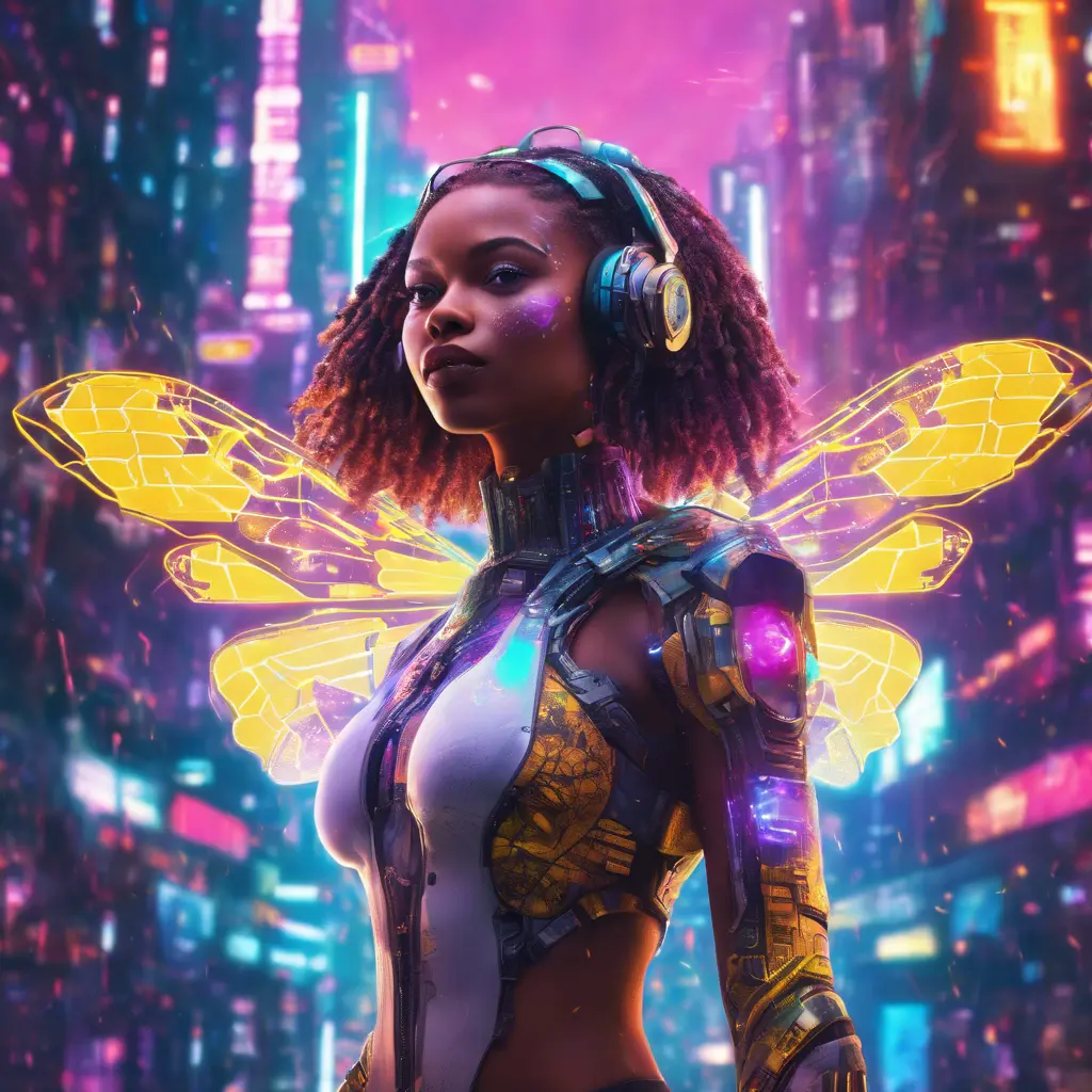 A Cyberpunk half bee and half Human white girl with vizor, Afrofuturism, Cybernatic and Sci-Fi, Cityscape, Bloom light effect, Colorful, Ecstatic, Exciting, Joyful