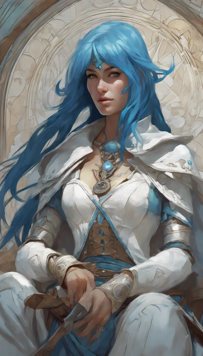 Closeup of blue haired witch from Assassins Creed in white armor, Highly Detailed, Intricate, Artstation, Beautiful, Digital Painting, Sharp Focus, Concept Art, Elegant by Alphonse Mucha, Greg Rutkowski