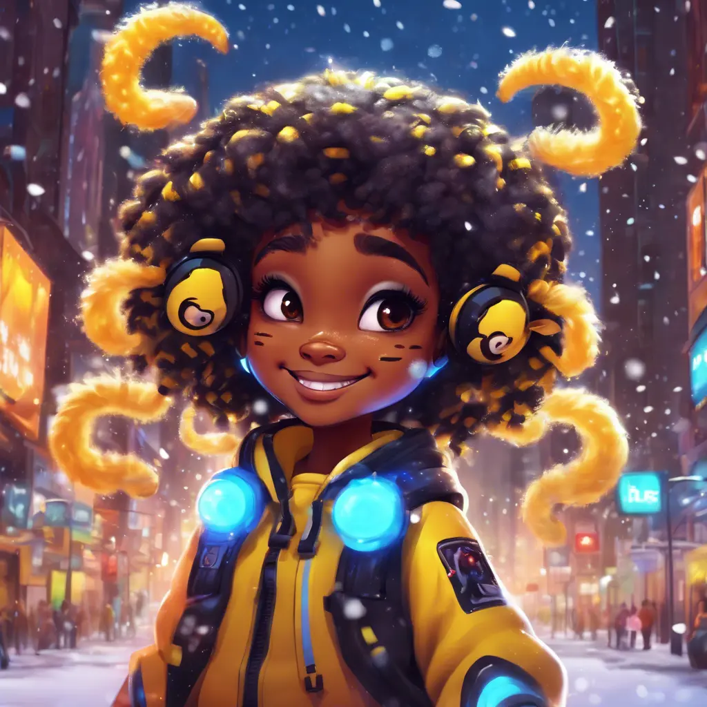 A funny furry half bee and half Human girl with 7 tails, Afrofuturism, Chibi, Cybernatic and Sci-Fi, Cityscape, Snow, Dreamworks, Bloom light effect, Colorful, Ecstatic, Exciting, Joyful