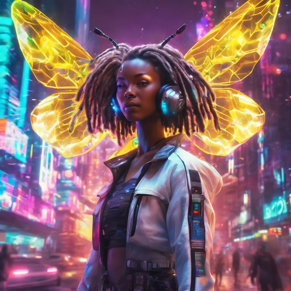 A Cyberpunk half bee and half Human white girl with vizor, Afrofuturism, Cybernatic and Sci-Fi, Cityscape, Bloom light effect, Colorful, Ecstatic, Exciting, Joyful