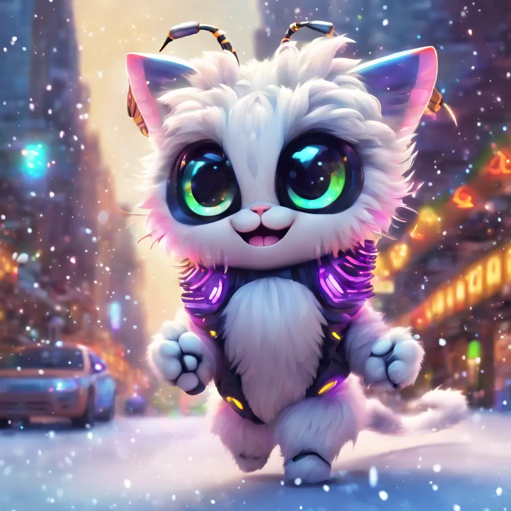 A funny furry half bee and half cat with 7 tails, Afrofuturism, Chibi, Cybernatic and Sci-Fi, Cityscape, Snow, Dreamworks, Bloom light effect, Colorful, Ecstatic, Exciting, Joyful