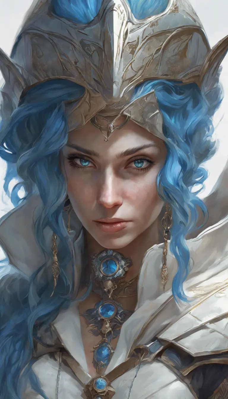 Closeup of blue haired witch from Assassins Creed in white armor, Highly Detailed, Intricate, Artstation, Beautiful, Digital Painting, Sharp Focus, Concept Art, Elegant by Alphonse Mucha, Greg Rutkowski