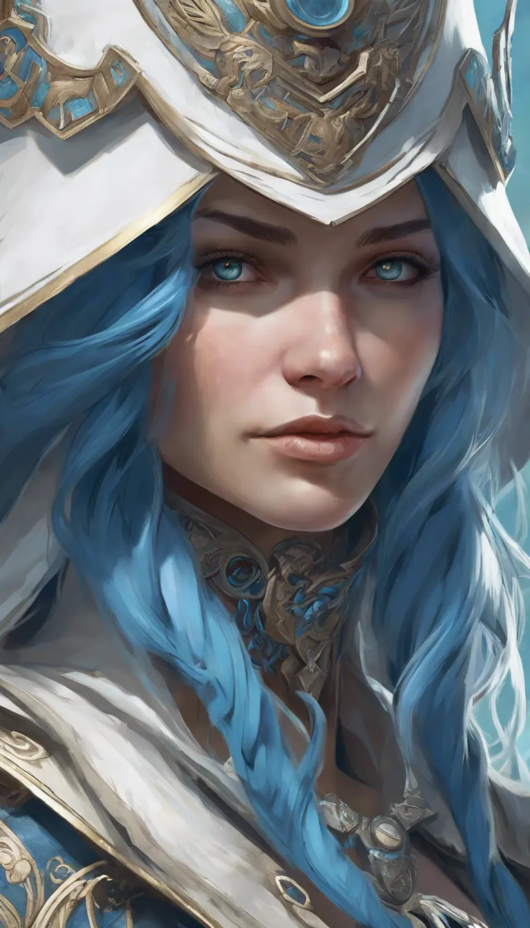 Closeup of blue haired witch from Assassins Creed in white armor, Highly Detailed, Intricate, Artstation, Beautiful, Digital Painting, Sharp Focus, Concept Art, Elegant by Alphonse Mucha, Greg Rutkowski