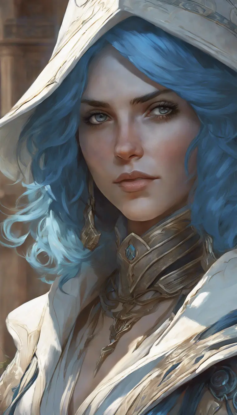 Closeup of blue haired witch from Assassins Creed in white armor, Highly Detailed, Intricate, Artstation, Beautiful, Digital Painting, Sharp Focus, Concept Art, Elegant by Alphonse Mucha, Greg Rutkowski