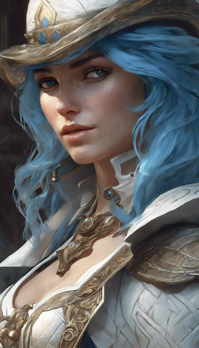 Closeup of blue haired witch from Assassins Creed in white armor, Highly Detailed, Intricate, Artstation, Beautiful, Digital Painting, Sharp Focus, Concept Art, Elegant by Alphonse Mucha, Greg Rutkowski