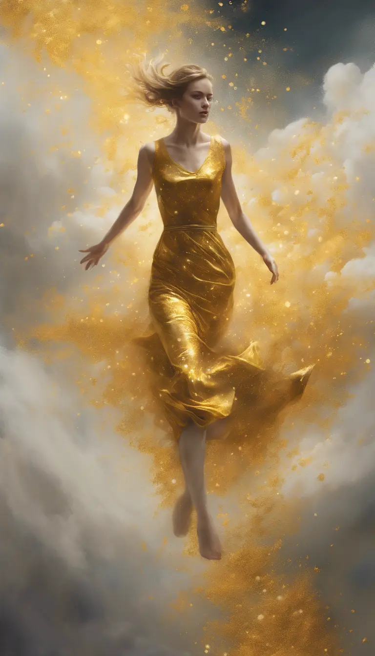 A visually striking masterpiece capturing a woman running through clouds of luminous gold dust. Exquisite details, top-quality composition, and an official aesthetic create an extremely detailed work of art, reflecting the ethereal beauty of this captivating moment., Powerful, Magical, Artgerm by Craigie Aitchison