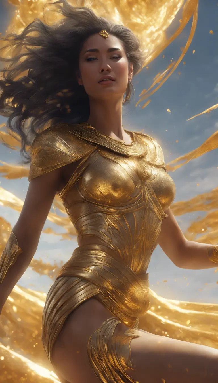 A visually striking masterpiece capturing a woman running through clouds of luminous gold dust. Exquisite details, top-quality composition, and an official aesthetic create an extremely detailed work of art, reflecting the ethereal beauty of this captivating moment., 8k, Egyptian Mythology, Beautiful, Ethereal, Comic, Photo Realistic, Realistic, Artgerm, Unreal Engine, Comics by Stanley Artgerm Lau