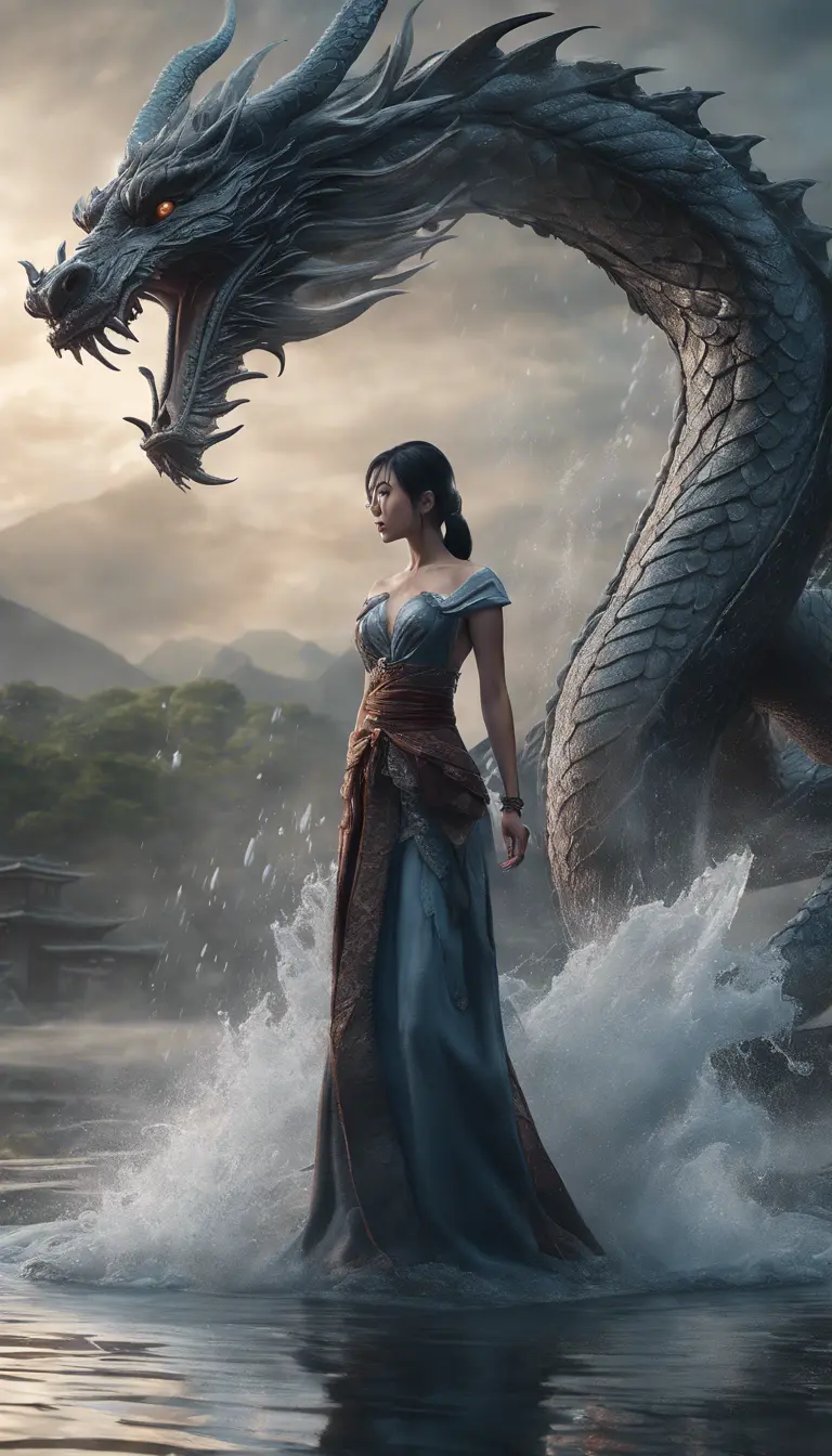 A captivating Gongbi-style artwork featuring a beautiful lady standing before a majestic dragon, amidst pouring water. Set against mysterious backdrops with smooth, curved lines, this photo-realistic piece showcases the power of Unreal Engine 5., 4k resolution, 8k, HDR, Hyper Detailed, Powerful, Ultra Detailed, Gothic and Fantasy, Beautiful, Ethereal, Comic, Cloudy Day, Alien, HDR Render, Photo Realistic, Realistic, Artgerm, Unreal Engine, Natural Light, Neon, Comics, Colorful, Hyper Realistic