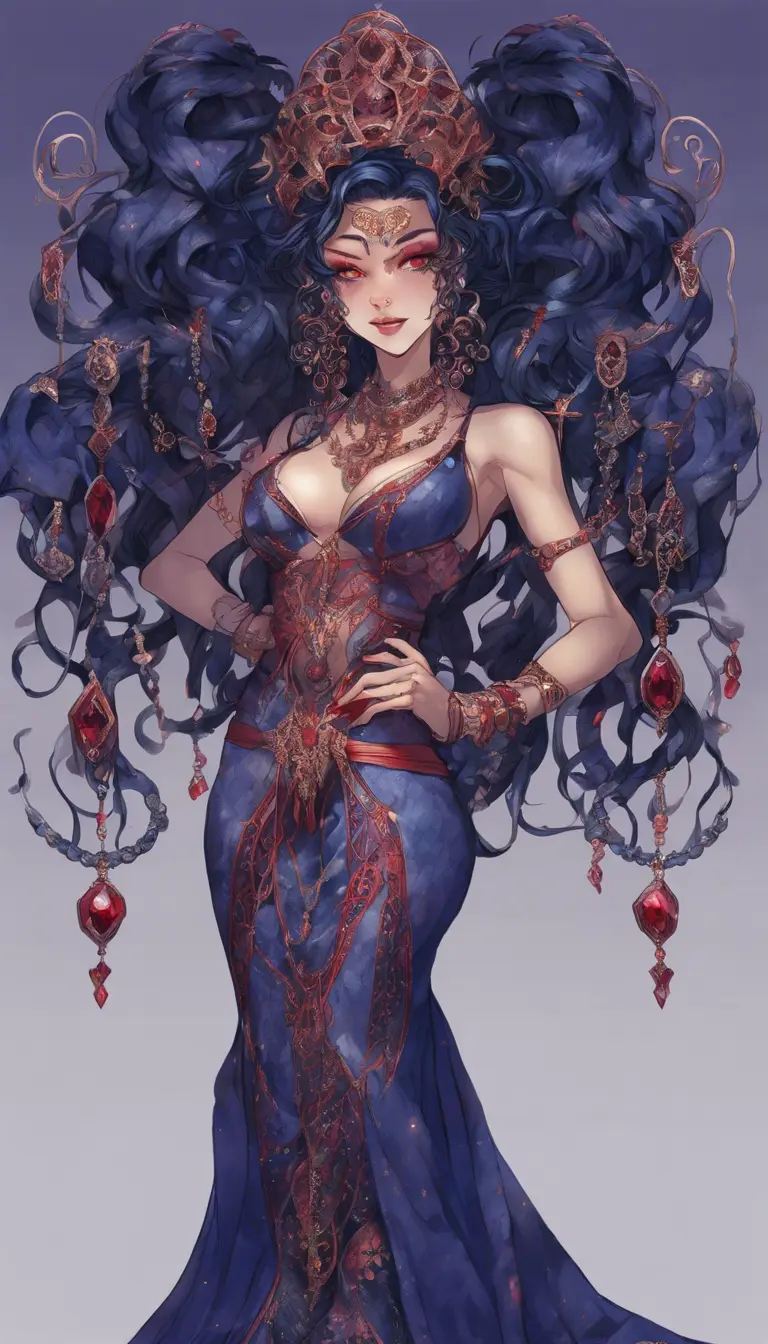 A pale snake skin woman with striking violet-red eyes and full lips curved into a cold, calculating smile. Her dynamic midnight blue hair is styled in intricate braids, adorned with shimmering gems. She possesses large, heavy cleavage and wears form-fitting robes of deep crimson and ebony, with a decorated bodice featuring intricate patterns and arcane sigils that reveal her mastery of dark magic. The woman stands confidently in a hyper-detailed tavern background. Powerful and muscular, this gothic and fantasy character is inspired by trending Artstation concepts. The scene is beautifully lit to emphasize her enchanting yet sinister presence. Channeling the artistic style of Stanley Artgerm Lau, the resulting image should be high-quality, detailed, and a true masterpiece—created in high resolution, extremely detailed, and presented in 8k and HD quality, reminiscent of 8k photography, suitable for the world of DnD., 8k, Hyper Detailed, Powerful, Gothic and Fantasy, Symmetry, Trending on Artstation, Beautiful, DnD, Sharp Focus, Fisheye lens, Beautifully Lit, Naturalism, Fantasy, Shadowy, Muscular, Hyper Realistic by Robby Cavanaugh