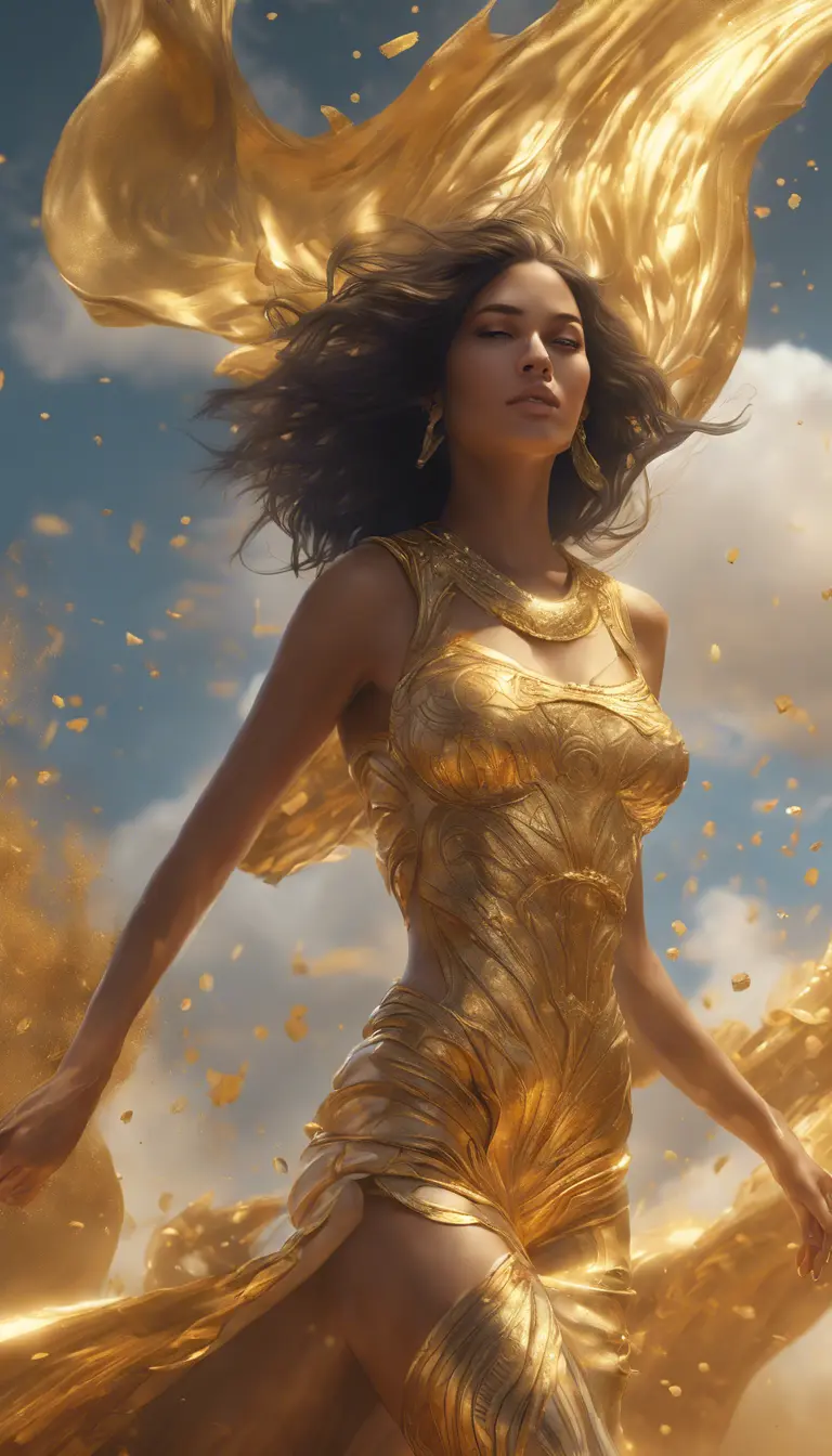 A visually striking masterpiece capturing a woman running through clouds of luminous gold dust. Exquisite details, top-quality composition, and an official aesthetic create an extremely detailed work of art, reflecting the ethereal beauty of this captivating moment., 8k, Egyptian Mythology, Beautiful, Ethereal, Comic, Photo Realistic, Realistic, Artgerm, Unreal Engine, Comics by Stanley Artgerm Lau