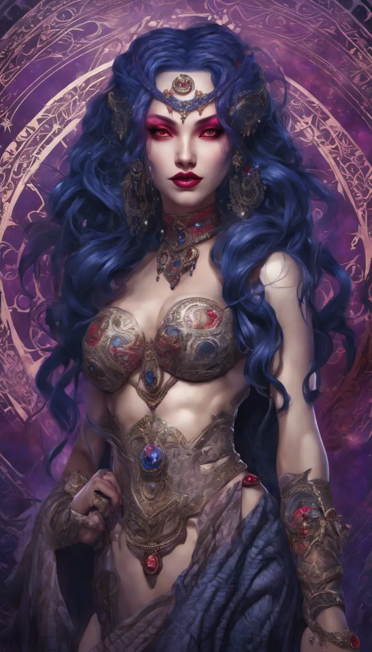 A pale snake skin woman with striking violet-red eyes and full lips curved into a cold, calculating smile. Her dynamic midnight blue hair is styled in intricate braids, adorned with shimmering gems. She possesses large, heavy cleavage and wears form-fitting robes of deep crimson and ebony, with a decorated bodice featuring intricate patterns and arcane sigils that reveal her mastery of dark magic. The woman stands confidently in a hyper-detailed tavern background. Powerful and muscular, this gothic and fantasy character is inspired by trending Artstation concepts. The scene is beautifully lit to emphasize her enchanting yet sinister presence. Channeling the artistic style of Stanley Artgerm Lau, the resulting image should be high-quality, detailed, and a true masterpiece—created in high resolution, extremely detailed, and presented in 8k and HD quality, reminiscent of 8k photography, suitable for the world of DnD., 8k, Hyper Detailed, Powerful, Gothic and Fantasy, Pixiv, Disney, DnD, Backlight Photo, Naturalism, Fantasy, Muscular, Hyper Realistic