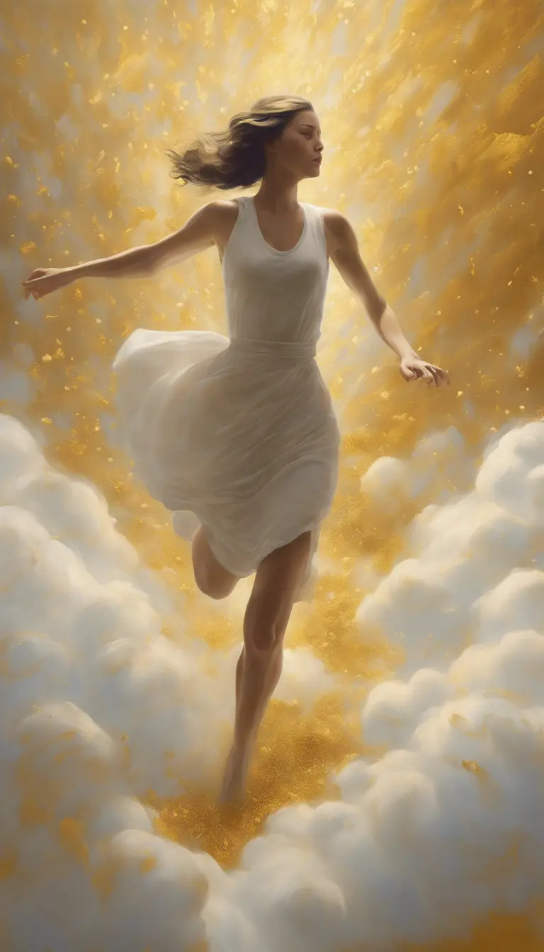 A visually striking masterpiece capturing a woman running through clouds of luminous gold dust. Exquisite details, top-quality composition, and an official aesthetic create an extremely detailed work of art, reflecting the ethereal beauty of this captivating moment., Powerful, Magical, Artgerm by Craigie Aitchison