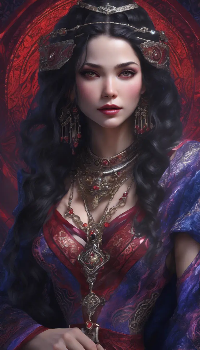 pale snake skin woman, Violet Red colored eyes, [[full lips that often curve into a cold, calculating smile]], dynamic midnight blue long hair [[styled in intricate braids, adorned with small, shimmering gems that catch the light]], large heavy cleavage, wearing form fitting robes of deep crimson and ebony, decorated bodice, adorned with intricate patterns and arcane sigils that hint at her mastery of dark magic, hyper detailed tavern background, (high quality), (detailed), (masterpiece), (best quality), (highres), (extremely detailed), (8k), HD, 8k, photography, Powerful, Gothic and Fantasy, Trending on Artstation, DnD, Beautifully Lit, Fantasy, Muscular by Stanley Artgerm Lau