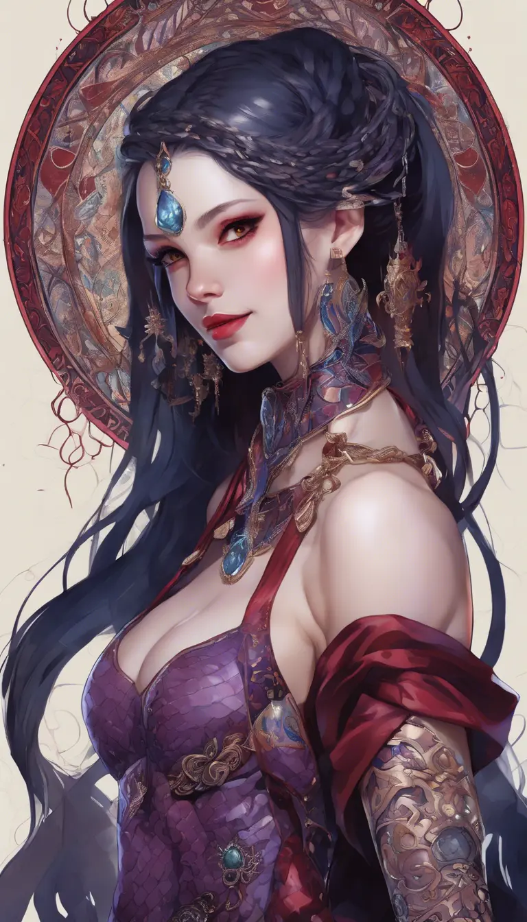 pale snake skin woman, Violet Red colored eyes, [[full lips that often curve into a cold, calculating smile]], dynamic midnight blue long hair [[styled in intricate braids, adorned with small, shimmering gems that catch the light]], large heavy cleavage, wearing form fitting robes of deep crimson and ebony, decorated bodice, adorned with intricate patterns and arcane sigils that hint at her mastery of dark magic, hyper detailed tavern background, (high quality), (detailed), (masterpiece), (best quality), (highres), (extremely detailed), (8k), HD, 8k, photography, Powerful, Gothic and Fantasy, Trending on Artstation, DnD, Beautifully Lit, Fantasy, Muscular by Stanley Artgerm Lau