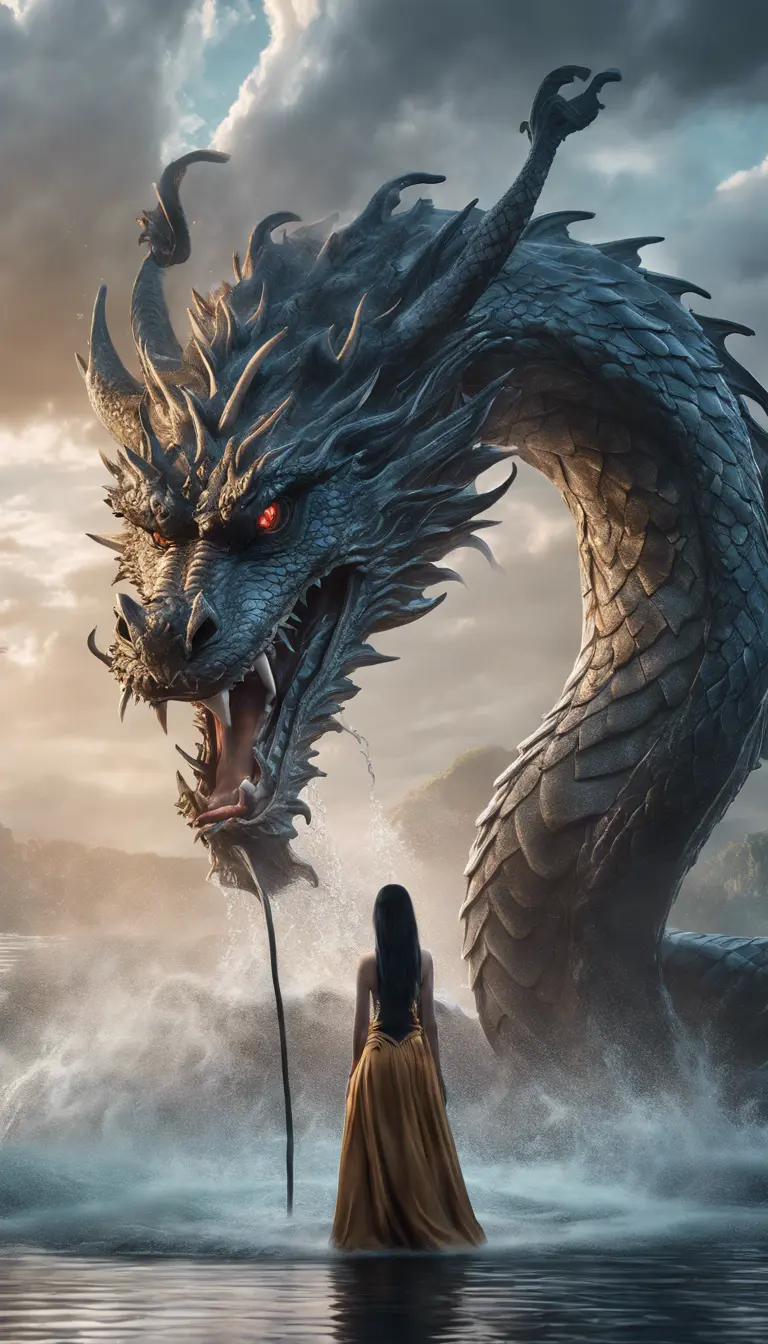 A captivating Gongbi-style artwork featuring a beautiful lady standing before a majestic dragon, amidst pouring water. Set against mysterious backdrops with smooth, curved lines, this photo-realistic piece showcases the power of Unreal Engine 5., 4k resolution, 8k, HDR, Hyper Detailed, Powerful, Ultra Detailed, Gothic and Fantasy, Beautiful, Ethereal, Comic, Cloudy Day, Alien, HDR Render, Photo Realistic, Realistic, Artgerm, Unreal Engine, Natural Light, Neon, Comics, Colorful, Hyper Realistic