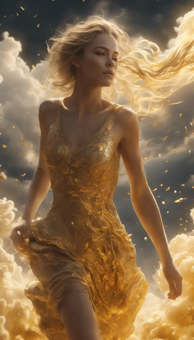 A visually striking masterpiece capturing a woman running through clouds of luminous gold dust. Exquisite details, top-quality composition, and an official aesthetic create an extremely detailed work of art, reflecting the ethereal beauty of this captivating moment., 4k, 4k resolution, 8k, HD, HDR, Hyper Detailed, Powerful, Gothic and Fantasy, Beautiful, Ethereal, Comic, Cloudy Day, Alien, HDR Render, Photo Realistic, Realistic, Artgerm, Unreal Engine, Neon, Comics, Colorful, Hyper Realistic