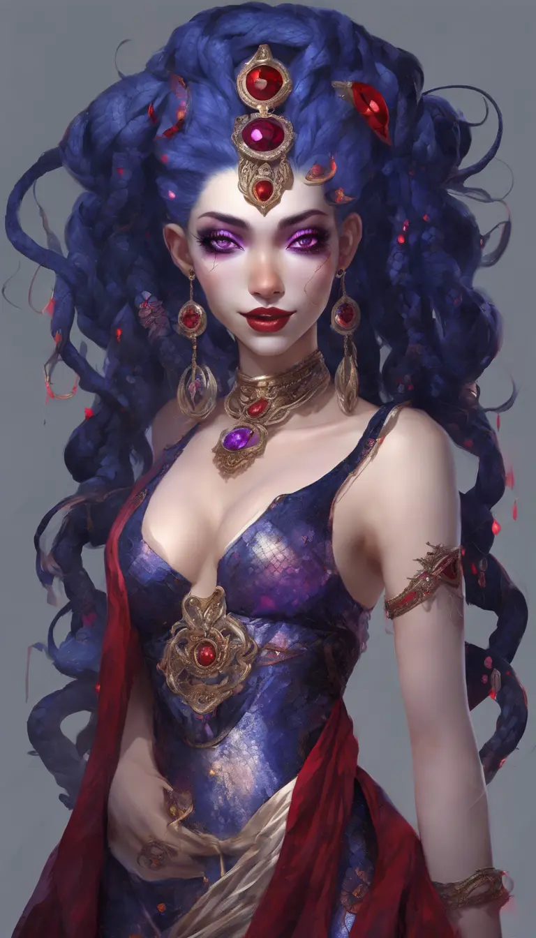 A pale snake skin woman with striking violet-red eyes and full lips curved into a cold, calculating smile. Her dynamic midnight blue hair is styled in intricate braids, adorned with shimmering gems. She possesses large, heavy cleavage and wears form-fitting robes of deep crimson and ebony, with a decorated bodice featuring intricate patterns and arcane sigils that reveal her mastery of dark magic. The woman stands confidently in a hyper-detailed tavern background. Powerful and muscular, this gothic and fantasy character is inspired by trending Artstation concepts. The scene is beautifully lit to emphasize her enchanting yet sinister presence. Channeling the artistic style of Stanley Artgerm Lau, the resulting image should be high-quality, detailed, and a true masterpiece—created in high resolution, extremely detailed, and presented in 8k and HD quality, reminiscent of 8k photography, suitable for the world of DnD., 8k, Hyper Detailed, Powerful, Gothic and Fantasy, Trending on Artstation, Beautiful, DnD, Beautifully Lit, Naturalism, Fantasy, Muscular, Hyper Realistic by Stanley Artgerm Lau