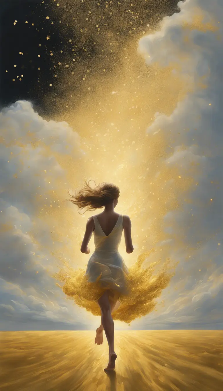 A visually striking masterpiece capturing a woman running through clouds of luminous gold dust. Exquisite details, top-quality composition, and an official aesthetic create an extremely detailed work of art, reflecting the ethereal beauty of this captivating moment., Powerful, Magical, Artgerm by Craigie Aitchison