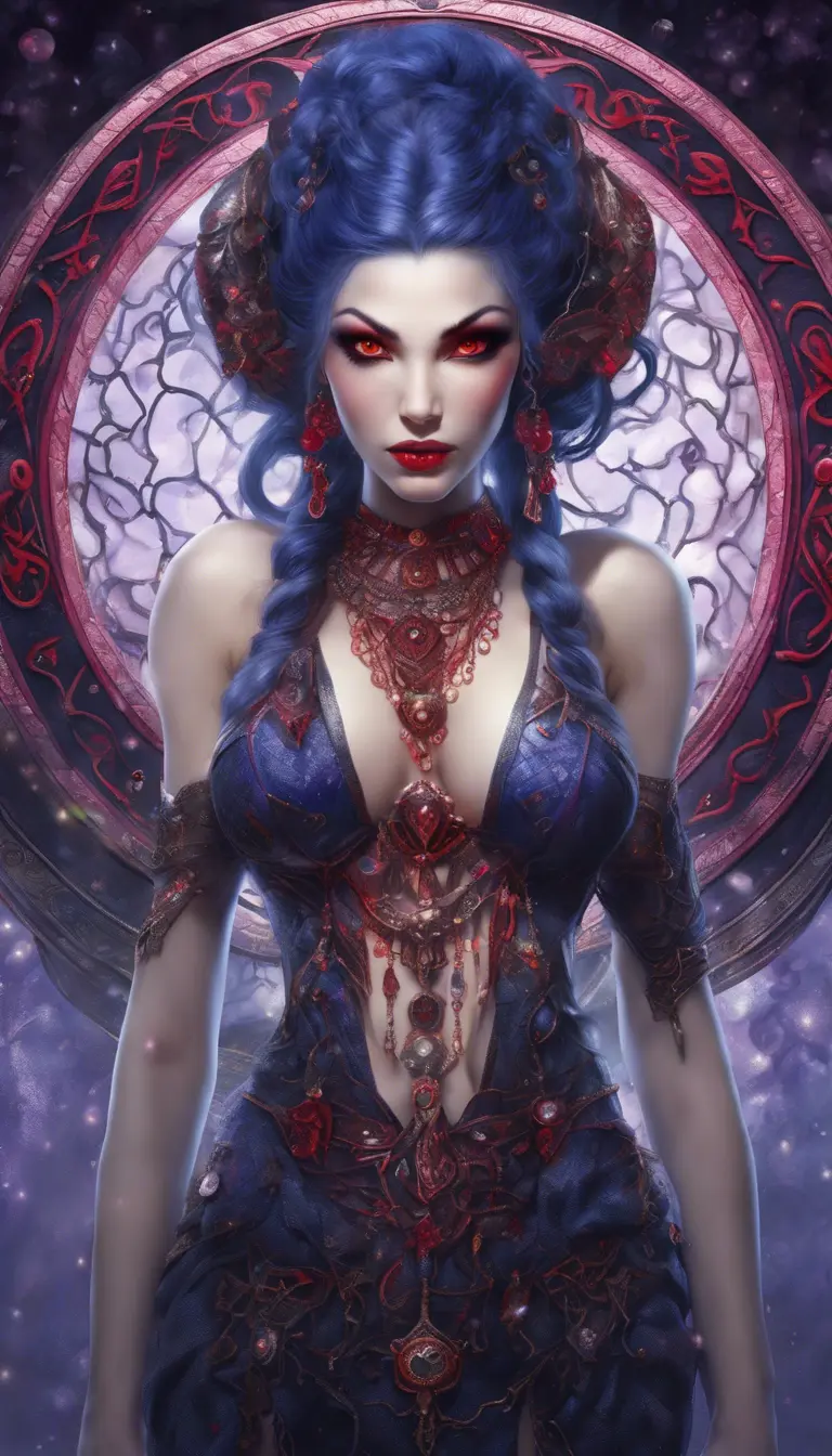 A pale snake skin woman with striking violet-red eyes and full lips curved into a cold, calculating smile. Her dynamic midnight blue hair is styled in intricate braids, adorned with shimmering gems. She possesses large, heavy cleavage and wears form-fitting robes of deep crimson and ebony, with a decorated bodice featuring intricate patterns and arcane sigils that reveal her mastery of dark magic. The woman stands confidently in a hyper-detailed tavern background. Powerful and muscular, this gothic and fantasy character is inspired by trending Artstation concepts. The scene is beautifully lit to emphasize her enchanting yet sinister presence. Channeling the artistic style of Stanley Artgerm Lau, the resulting image should be high-quality, detailed, and a true masterpiece—created in high resolution, extremely detailed, and presented in 8k and HD quality, reminiscent of 8k photography, suitable for the world of DnD., 8k, Hyper Detailed, Powerful, Gothic and Fantasy, Trending on Artstation, Beautiful, DnD, Beautifully Lit, Naturalism, Fantasy, Muscular, Hyper Realistic by Stanley Artgerm Lau