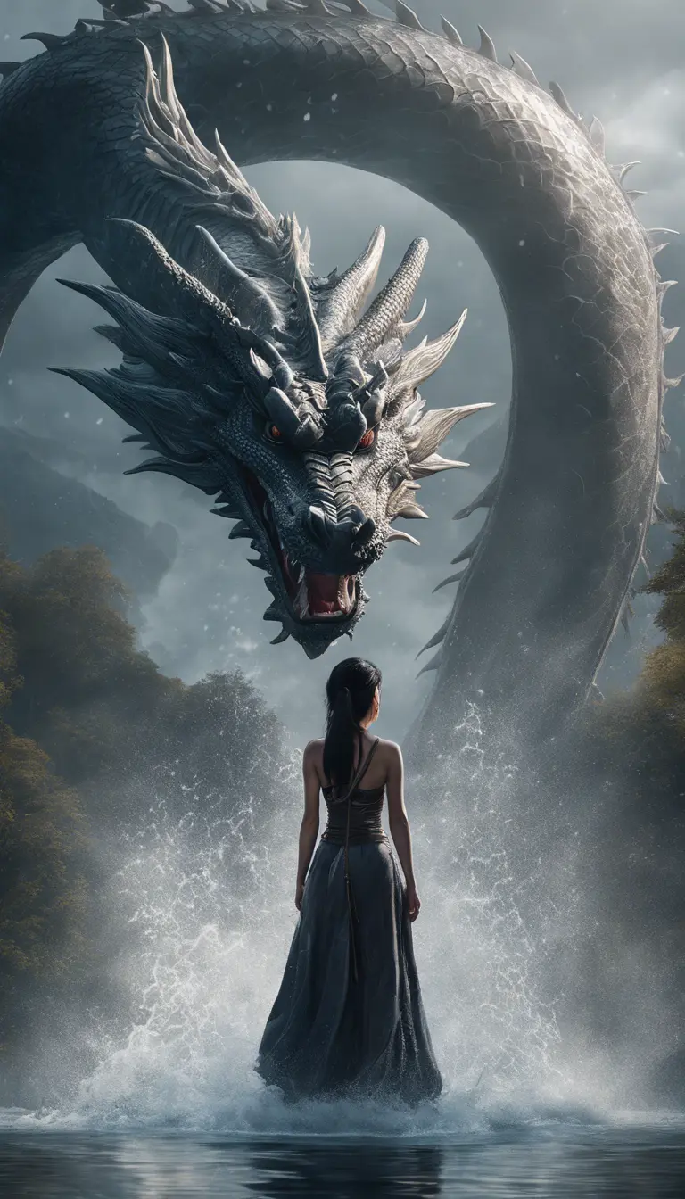 A captivating Gongbi-style artwork featuring a beautiful lady standing before a majestic dragon, amidst pouring water. Set against mysterious backdrops with smooth, curved lines, this photo-realistic piece showcases the power of Unreal Engine 5., 4k resolution, 8k, HDR, Hyper Detailed, Hypomorphic, Powerful, Ultra Detailed, Gothic and Fantasy, Horror, Ukiyo-e, Cosmic Horror, Ethereal, HDR Render, Photo Realistic, Realistic, Unreal Engine, Natural Light, Neon, Japonism, Comics, Rich, Hyper Realistic