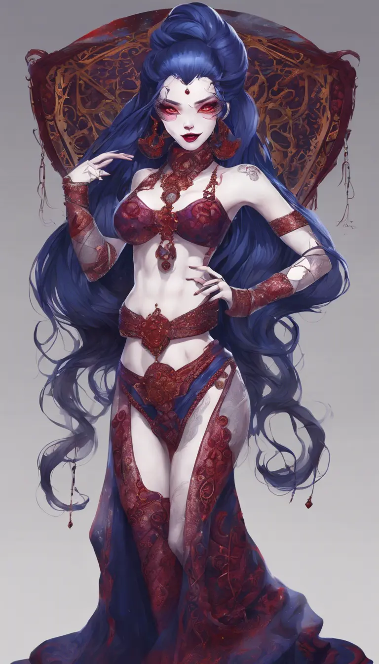 A pale snake skin woman with striking violet-red eyes and full lips curved into a cold, calculating smile. Her dynamic midnight blue hair is styled in intricate braids, adorned with shimmering gems. She possesses large, heavy cleavage and wears form-fitting robes of deep crimson and ebony, with a decorated bodice featuring intricate patterns and arcane sigils that reveal her mastery of dark magic. The woman stands confidently in a hyper-detailed tavern background. Powerful and muscular, this gothic and fantasy character is inspired by trending Artstation concepts. The scene is beautifully lit to emphasize her enchanting yet sinister presence. Channeling the artistic style of Stanley Artgerm Lau, the resulting image should be high-quality, detailed, and a true masterpiece—created in high resolution, extremely detailed, and presented in 8k and HD quality, reminiscent of 8k photography, suitable for the world of DnD., Powerful, Gothic and Fantasy, Trending on Artstation, DnD, Beautifully Lit, Fantasy, Muscular by Stanley Artgerm Lau