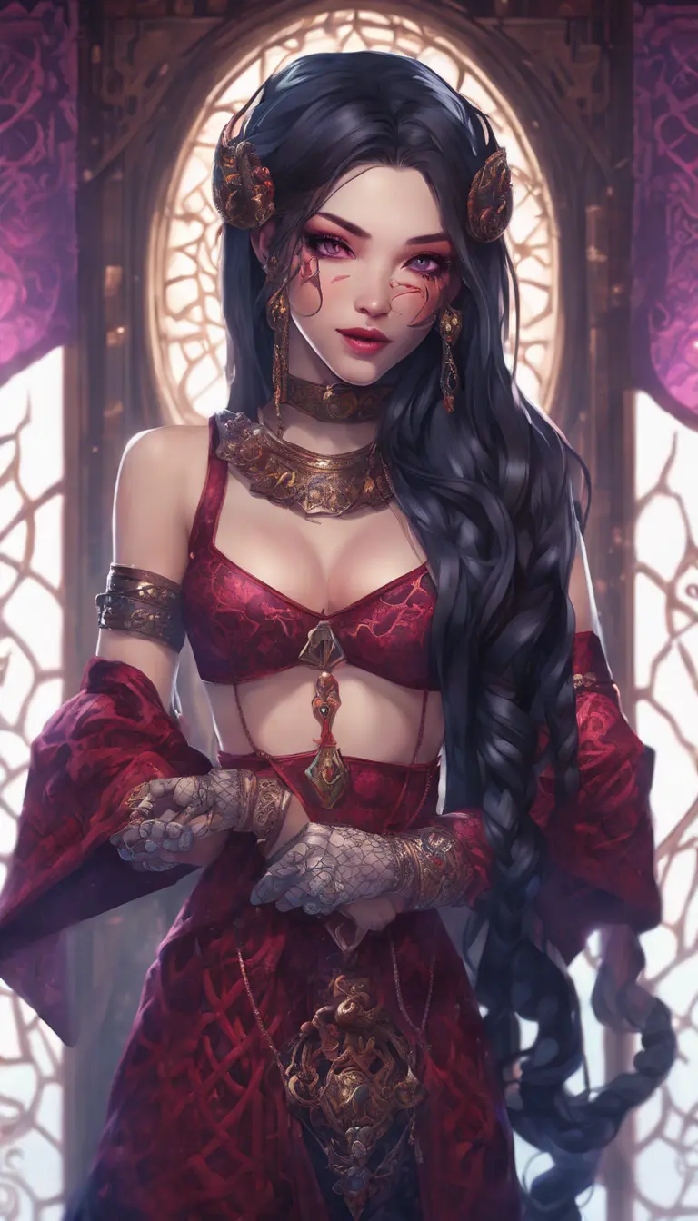 pale snake skin woman, Violet Red colored eyes, [[full lips that often curve into a cold, calculating smile]], dynamic midnight blue long hair [[styled in intricate braids, adorned with small, shimmering gems that catch the light]], large heavy cleavage, wearing form fitting robes of deep crimson and ebony, decorated bodice, adorned with intricate patterns and arcane sigils that hint at her mastery of dark magic, hyper detailed tavern background, (high quality), (detailed), (masterpiece), (best quality), (highres), (extremely detailed), (8k), HD, 8k, photography, Powerful, Gothic and Fantasy, Trending on Artstation, DnD, Beautifully Lit, Fantasy, Muscular by Stanley Artgerm Lau