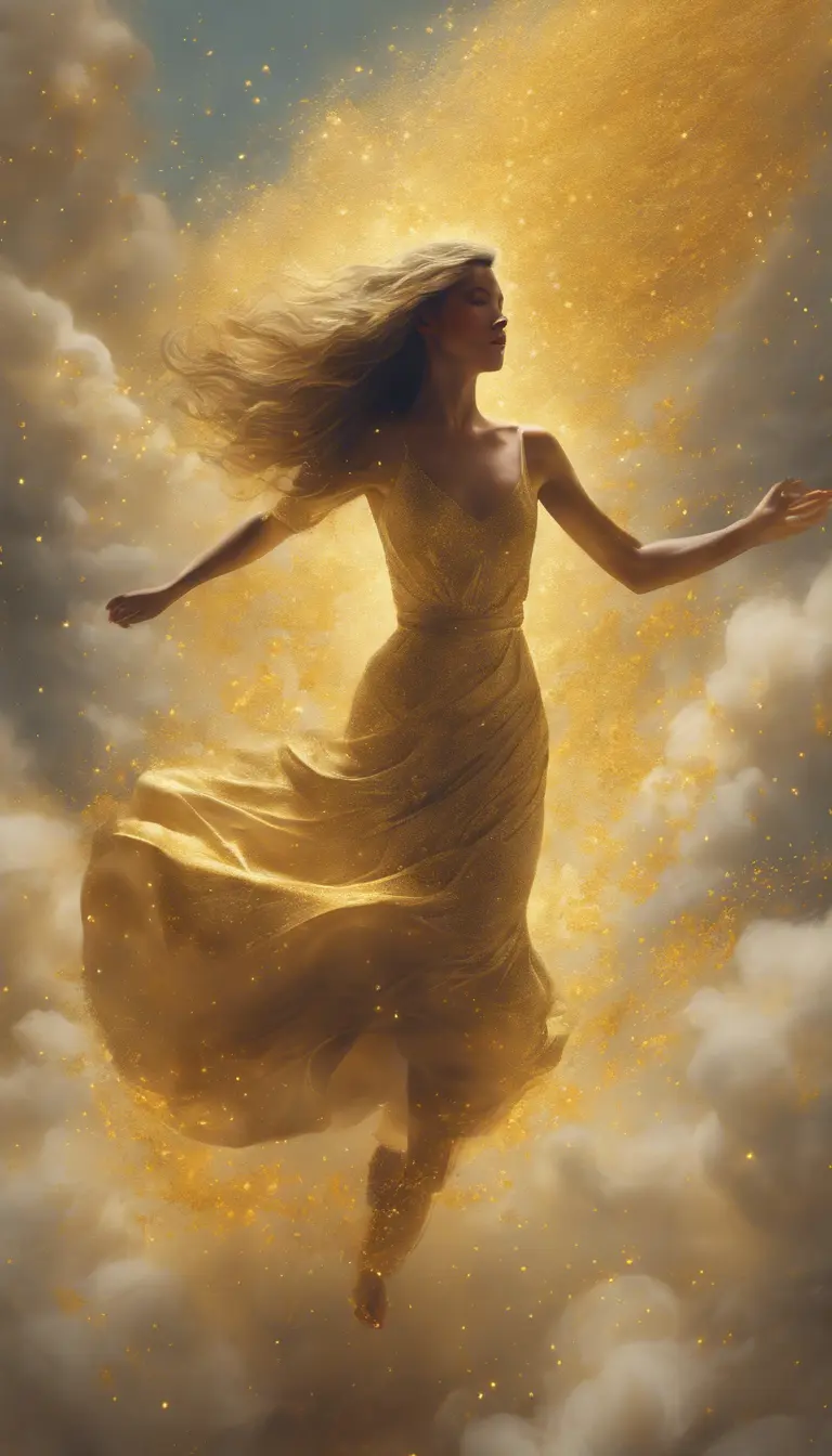 A visually striking masterpiece capturing a woman running through clouds of luminous gold dust. Exquisite details, top-quality composition, and an official aesthetic create an extremely detailed work of art, reflecting the ethereal beauty of this captivating moment., Powerful, Magical, Artgerm by Craigie Aitchison