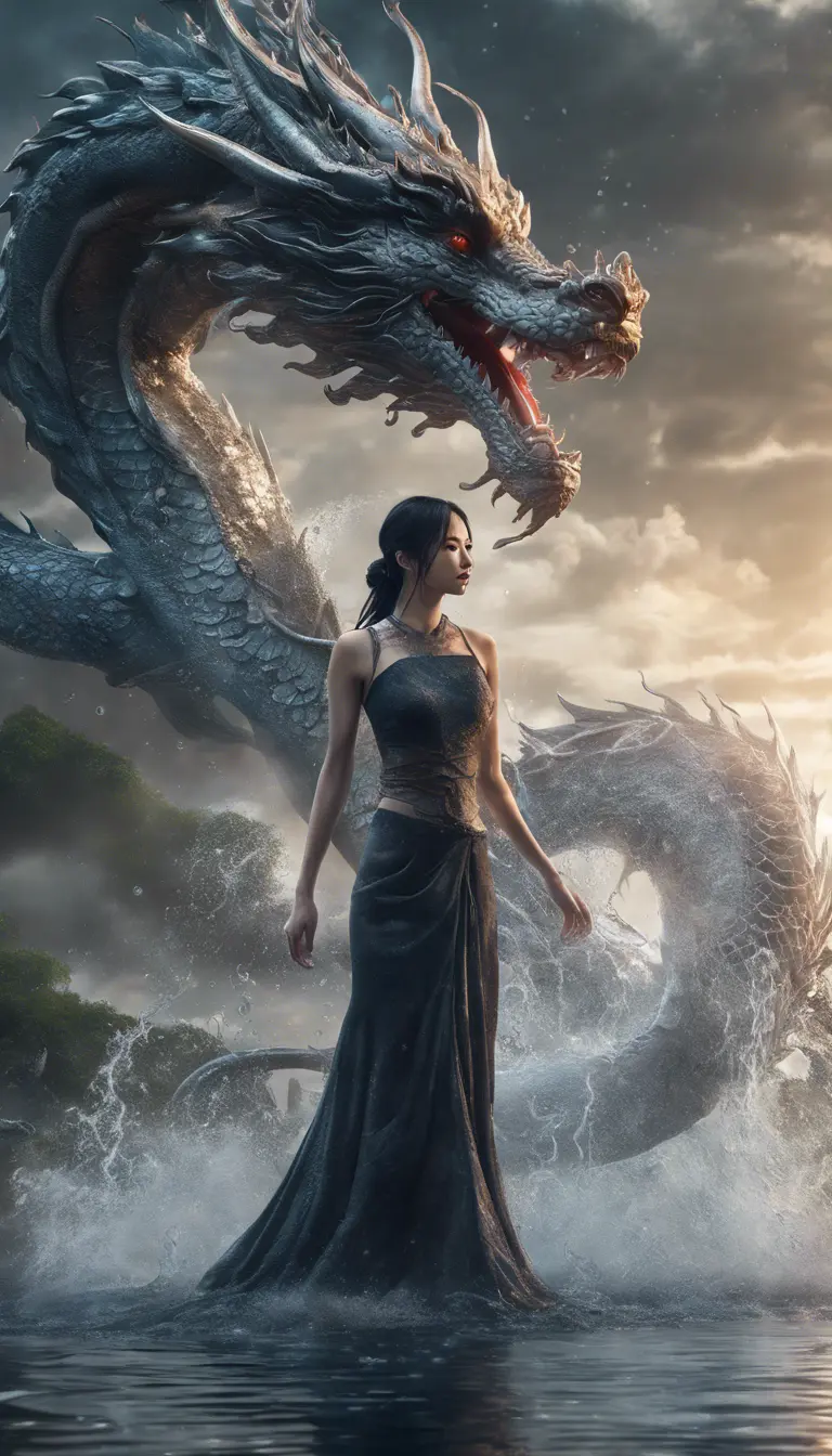 A captivating Gongbi-style artwork featuring a beautiful lady standing before a majestic dragon, amidst pouring water. Set against mysterious backdrops with smooth, curved lines, this photo-realistic piece showcases the power of Unreal Engine 5., Hyper Detailed, Ultra Detailed, Cosmic Horror, Gothic, HDR Render, Unreal Engine, Fantasy, Surrealistic, Hyper Realistic