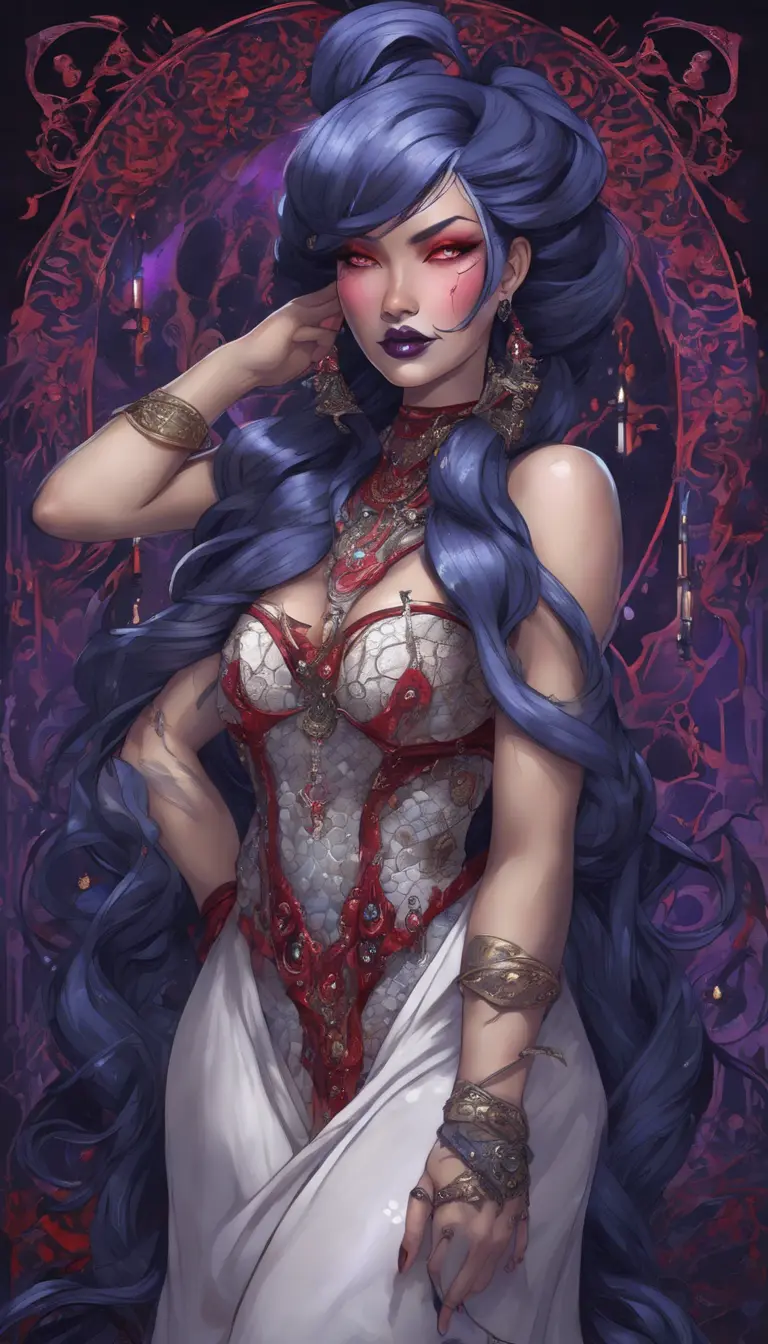 A pale snake skin woman with striking violet-red eyes and full lips curved into a cold, calculating smile. Her dynamic midnight blue hair is styled in intricate braids, adorned with shimmering gems. She possesses large, heavy cleavage and wears form-fitting robes of deep crimson and ebony, with a decorated bodice featuring intricate patterns and arcane sigils that reveal her mastery of dark magic. The woman stands confidently in a hyper-detailed tavern background. Powerful and muscular, this gothic and fantasy character is inspired by trending Artstation concepts. The scene is beautifully lit to emphasize her enchanting yet sinister presence. Channeling the artistic style of Stanley Artgerm Lau, the resulting image should be high-quality, detailed, and a true masterpiece—created in high resolution, extremely detailed, and presented in 8k and HD quality, reminiscent of 8k photography, suitable for the world of DnD., 8k, Hyper Detailed, Powerful, Gothic and Fantasy, Symmetry, Trending on Artstation, Beautiful, DnD, Sharp Focus, Fisheye lens, Beautifully Lit, Naturalism, Fantasy, Shadowy, Muscular, Hyper Realistic by Robby Cavanaugh