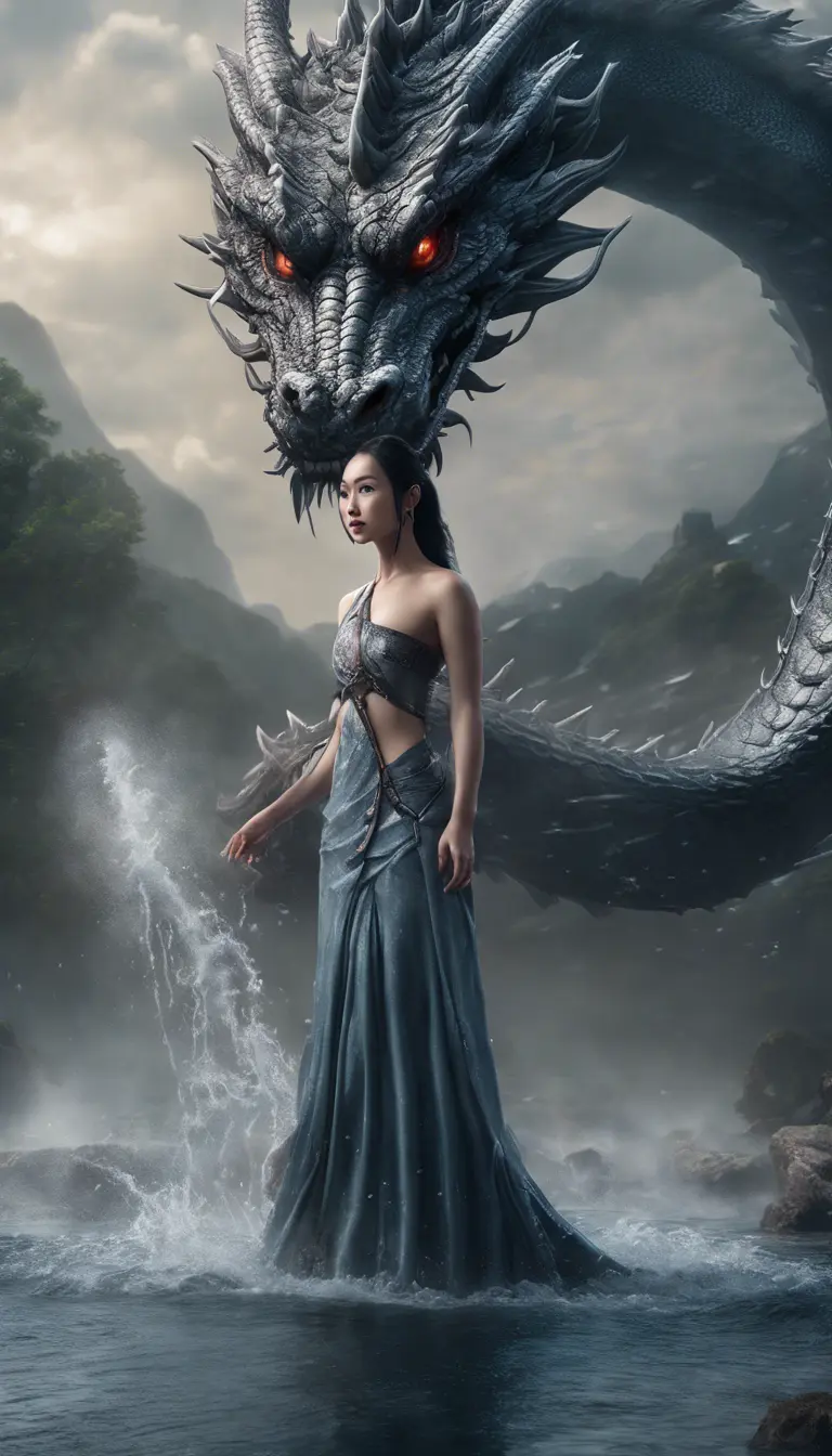 A captivating Gongbi-style artwork featuring a beautiful lady standing before a majestic dragon, amidst pouring water. Set against mysterious backdrops with smooth, curved lines, this photo-realistic piece showcases the power of Unreal Engine 5., 4k resolution, 8k, HDR, Hyper Detailed, Hypomorphic, Powerful, Ultra Detailed, Gothic and Fantasy, Horror, Ukiyo-e, Cosmic Horror, Ethereal, HDR Render, Photo Realistic, Realistic, Unreal Engine, Natural Light, Neon, Japonism, Comics, Rich, Hyper Realistic