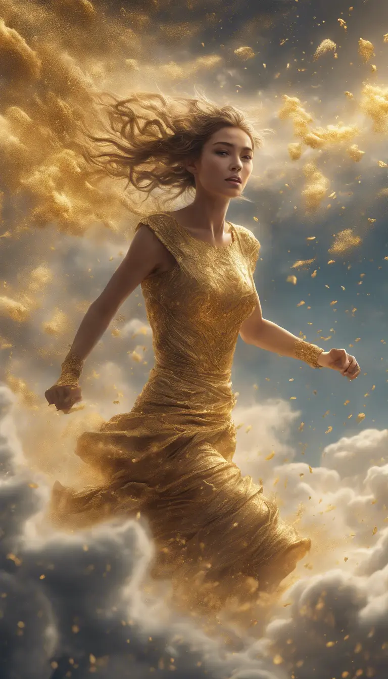 A visually striking masterpiece capturing a woman running through clouds of luminous gold dust. Exquisite details, top-quality composition, and an official aesthetic create an extremely detailed work of art, reflecting the ethereal beauty of this captivating moment., 4k, 4k resolution, 8k, HD, HDR, Hyper Detailed, Powerful, Gothic and Fantasy, Beautiful, Ethereal, Comic, Cloudy Day, Alien, HDR Render, Photo Realistic, Realistic, Artgerm, Unreal Engine, Neon, Comics, Colorful, Hyper Realistic