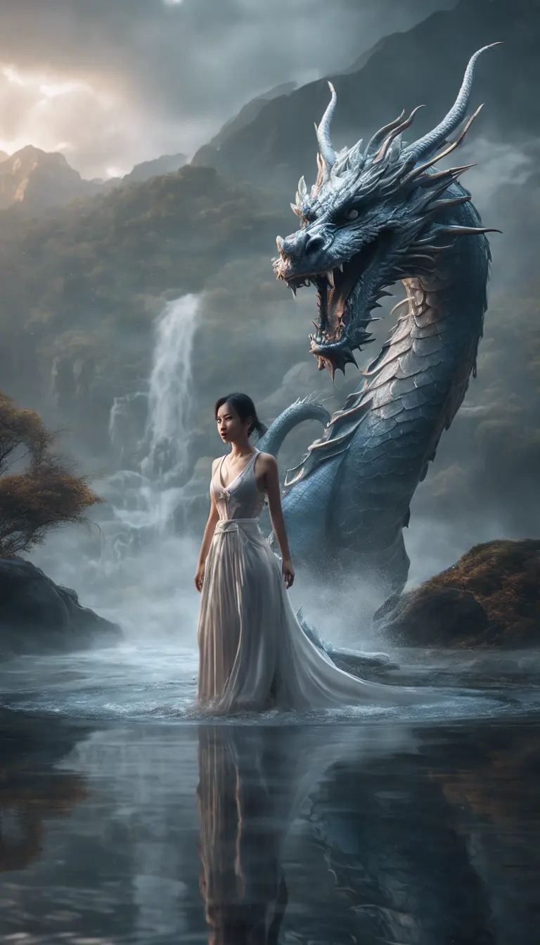 A captivating Gongbi-style artwork featuring a beautiful lady standing before a majestic dragon, amidst pouring water. Set against mysterious backdrops with smooth, curved lines, this photo-realistic piece showcases the power of Unreal Engine 5., 4k resolution, 8k, HDR, Hyper Detailed, Powerful, Ultra Detailed, Gothic and Fantasy, Beautiful, Ethereal, Comic, Cloudy Day, Alien, HDR Render, Photo Realistic, Realistic, Artgerm, Unreal Engine, Natural Light, Neon, Comics, Colorful, Hyper Realistic