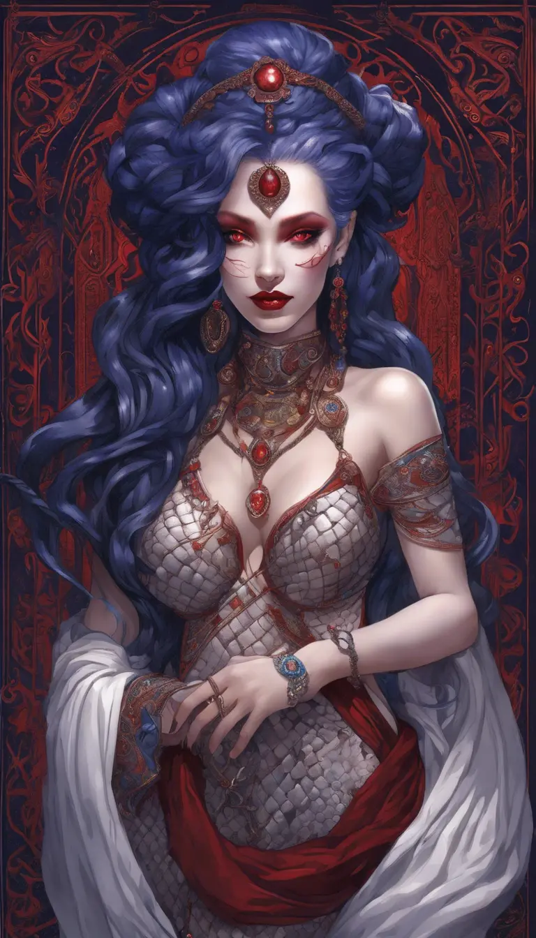 A pale snake skin woman with striking violet-red eyes and full lips curved into a cold, calculating smile. Her dynamic midnight blue hair is styled in intricate braids, adorned with shimmering gems. She possesses large, heavy cleavage and wears form-fitting robes of deep crimson and ebony, with a decorated bodice featuring intricate patterns and arcane sigils that reveal her mastery of dark magic. The woman stands confidently in a hyper-detailed tavern background. Powerful and muscular, this gothic and fantasy character is inspired by trending Artstation concepts. The scene is beautifully lit to emphasize her enchanting yet sinister presence. Channeling the artistic style of Stanley Artgerm Lau, the resulting image should be high-quality, detailed, and a true masterpiece—created in high resolution, extremely detailed, and presented in 8k and HD quality, reminiscent of 8k photography, suitable for the world of DnD., 8k, Hyper Detailed, Powerful, Gothic and Fantasy, Trending on Artstation, Beautiful, DnD, Beautifully Lit, Naturalism, Fantasy, Muscular, Hyper Realistic by Stanley Artgerm Lau