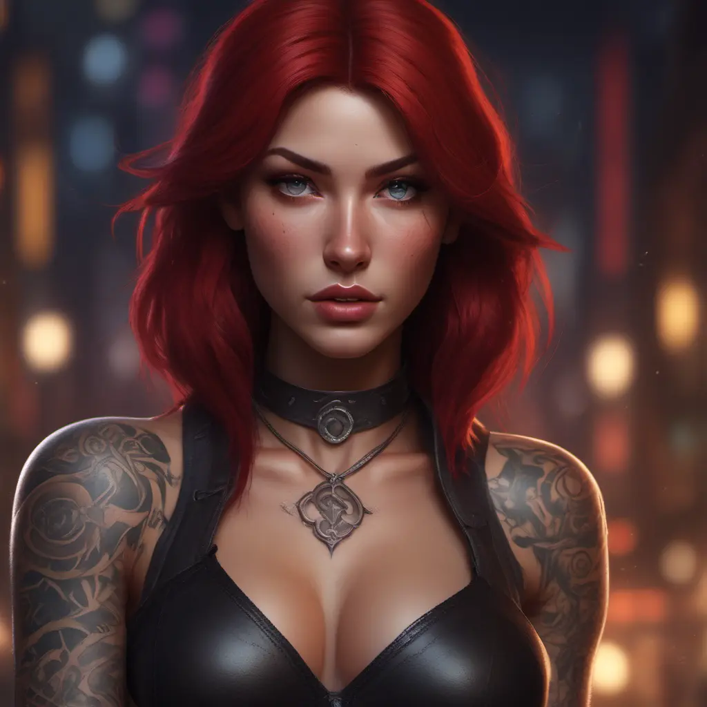 Matte portrait of Katarina with tattoos, 8k, Highly Detailed, Alluring, Artstation, Bokeh effect, Sharp Focus, Volumetric Lighting, Concept Art by Stanley Artgerm Lau, Greg Rutkowski