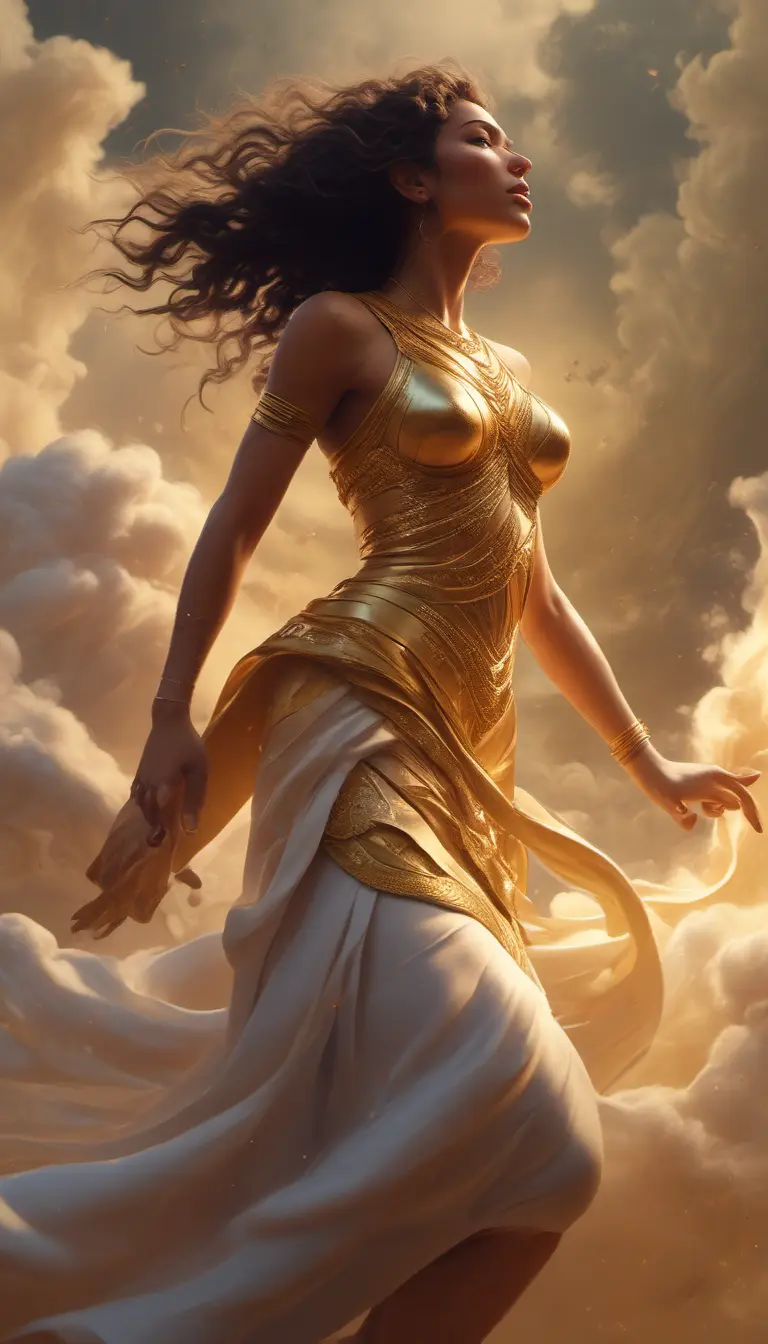 A visually striking masterpiece capturing a woman running through clouds of luminous gold dust. Exquisite details, top-quality composition, and an official aesthetic create an extremely detailed work of art, reflecting the ethereal beauty of this captivating moment., 8k, Egyptian Mythology, Beautiful, Ethereal, Comic, Photo Realistic, Realistic, Artgerm, Unreal Engine, Comics by Stanley Artgerm Lau