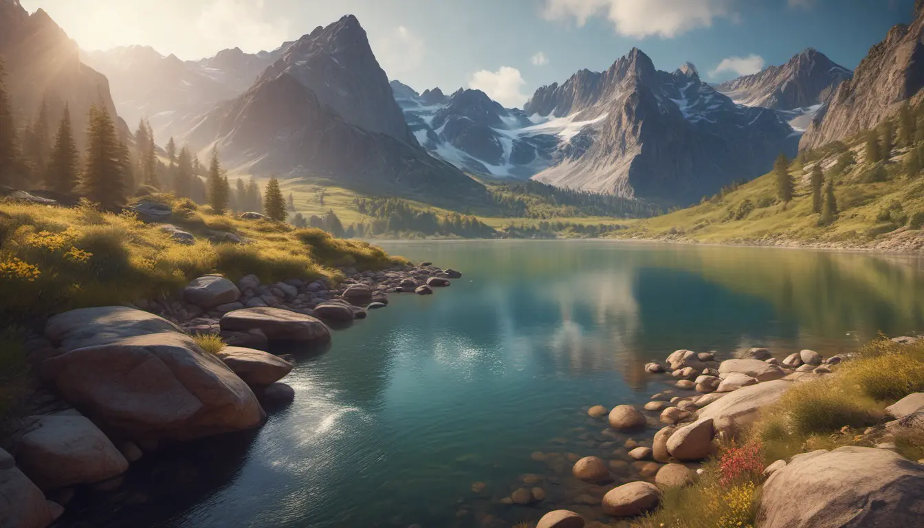 Lake in mountains streams and rivers flow down slopes of mountains and rocks into the valley spring in mountains, 8k, Award-Winning, Highly Detailed, Beautiful, Octane Render, Unreal Engine, Radiant, Volumetric Lighting by Greg Rutkowski