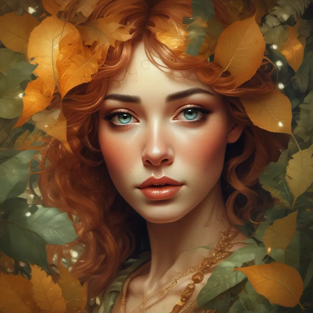 A breathtakingly beautiful woman eyes are pools of wisdom and mystery, reflecting the lush foliage surrounding her, while her skin glows with an inner warmth, like sunlight filtering through autumn leaves., 8k, Art Nouveau, Surrealism by Stanley Artgerm Lau