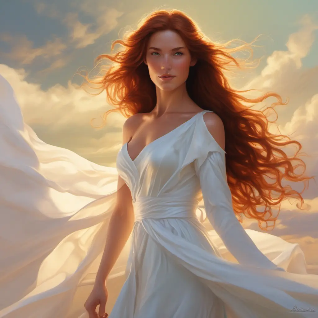 A woman with flowing auburn hair, emerald green eyes, and a delicate smile. She is wearing a flowing white gown that billows gently in the wind. The sun is setting behind her, casting a golden glow on her skin., Matte by Stanley Artgerm Lau