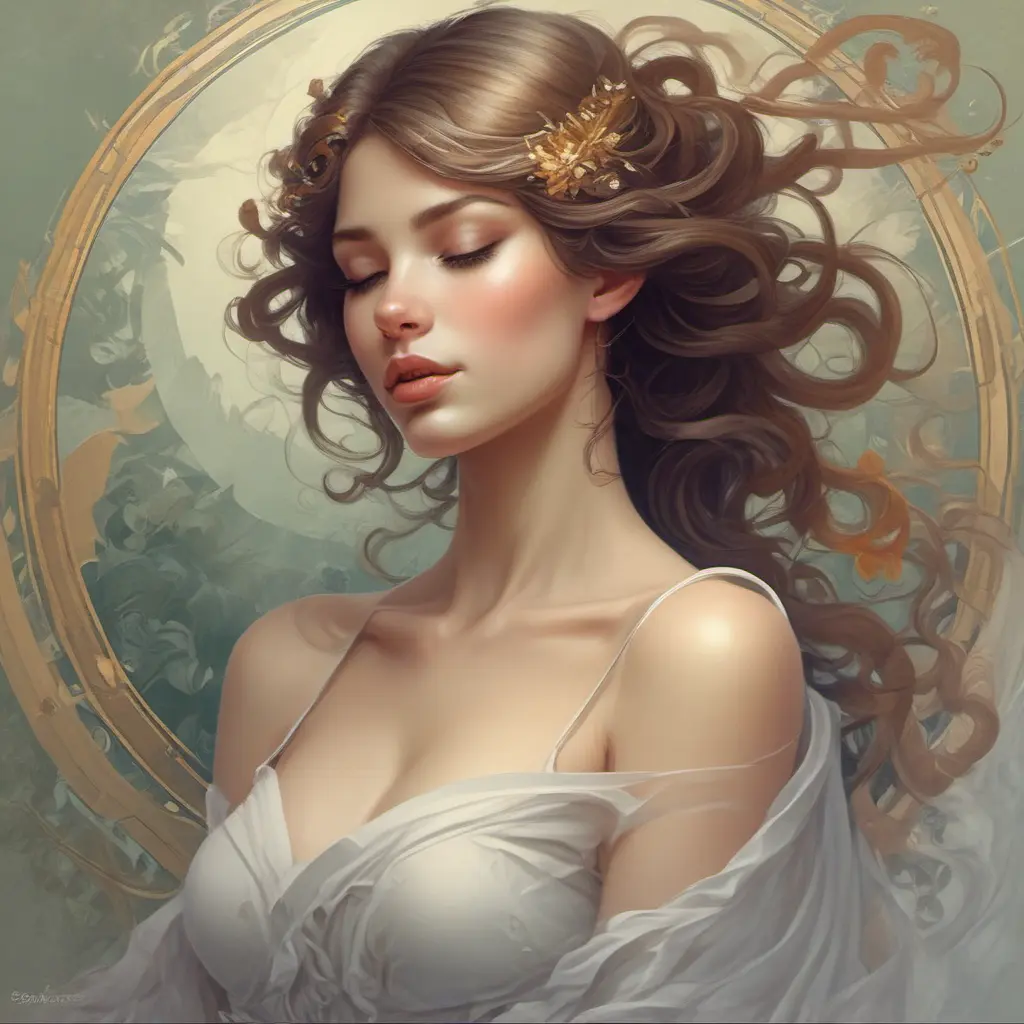 Misty air hums around a breathtakingly beautiful woman with a gentle melody, as if the very wind itself is whispering sweet nothings in her ear. She is a vision of beauty and grace, a living embodiment of nature's most enchanting creations., 8k, Art Nouveau, Surrealism by Stanley Artgerm Lau