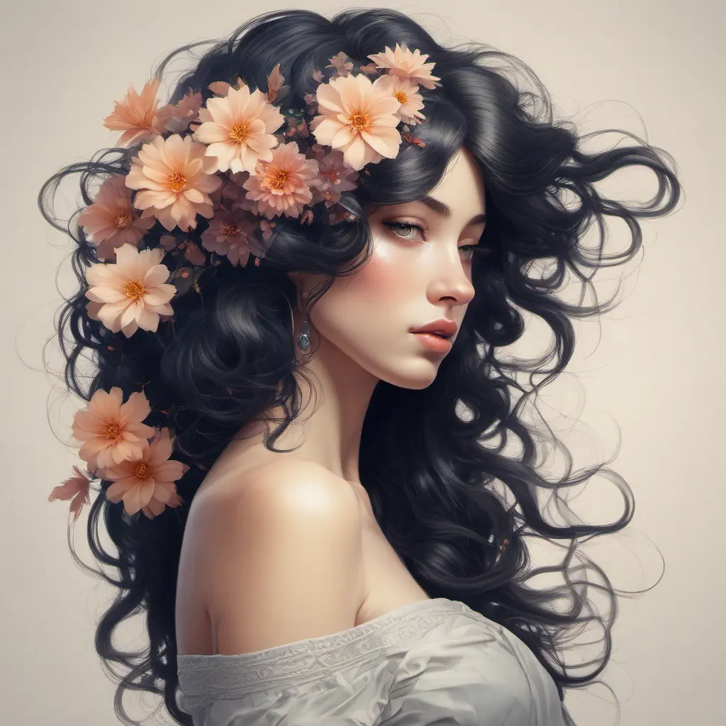 A breathtakingly beautiful woman's hair cascades down her shoulders like a waterfall of dark curls, adorned with delicate, luminescent flowers that seem to bloom and fade with her breaths, 8k, Art Nouveau, Surrealism by Stanley Artgerm Lau