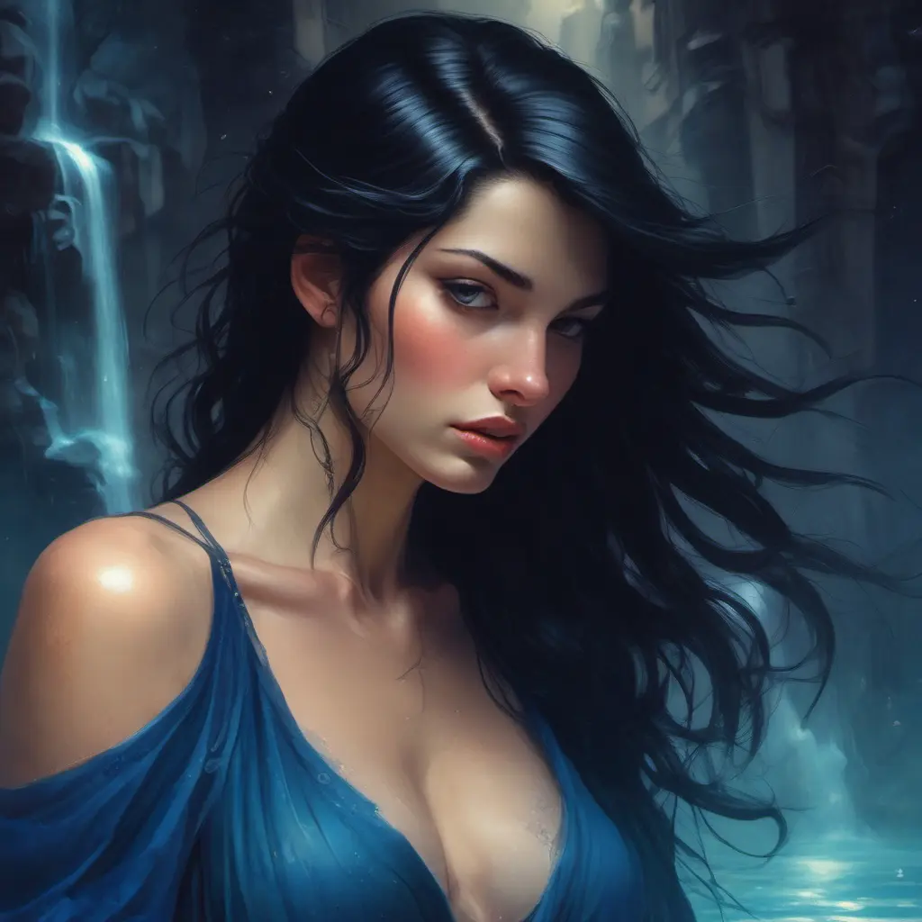 A woman with long, black hair that cascades down her back like a silken waterfall. She wears a dark, velvet dress that clings to her curves. Her eyes are a deep, mysterious blue, and she gazes out at the viewer with an enigmatic smile. The scene is dimly lit, with only a single candle casting flickering shadows on her face., Matte by Stanley Artgerm Lau