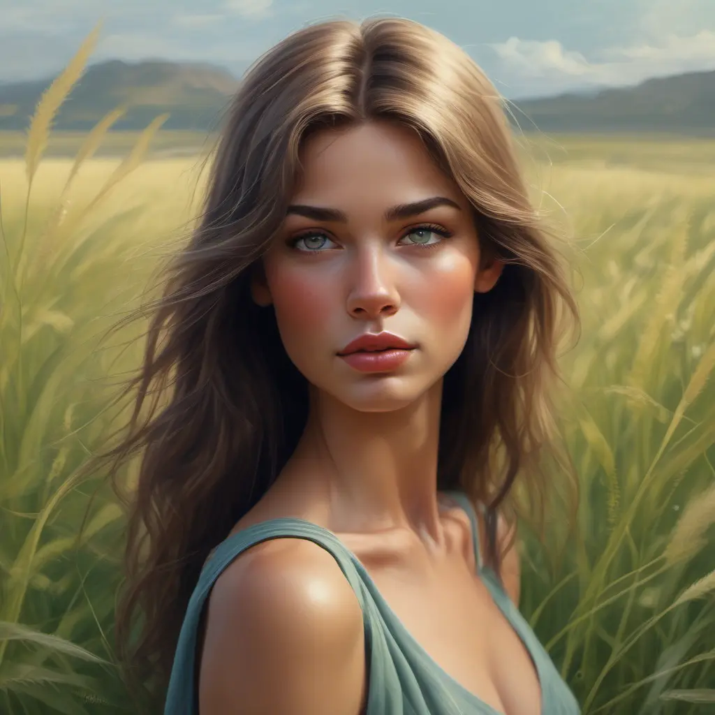 A stunningly beautiful woman stands in a field of tall, swaying grasses. Her skin is flawless, with a warm, radiant glow. Her features are delicate and enchanting - high cheekbones, full lips, and large, expressive eyes that seem to shift between shades of green, blue, and gray., 8k by Stanley Artgerm Lau