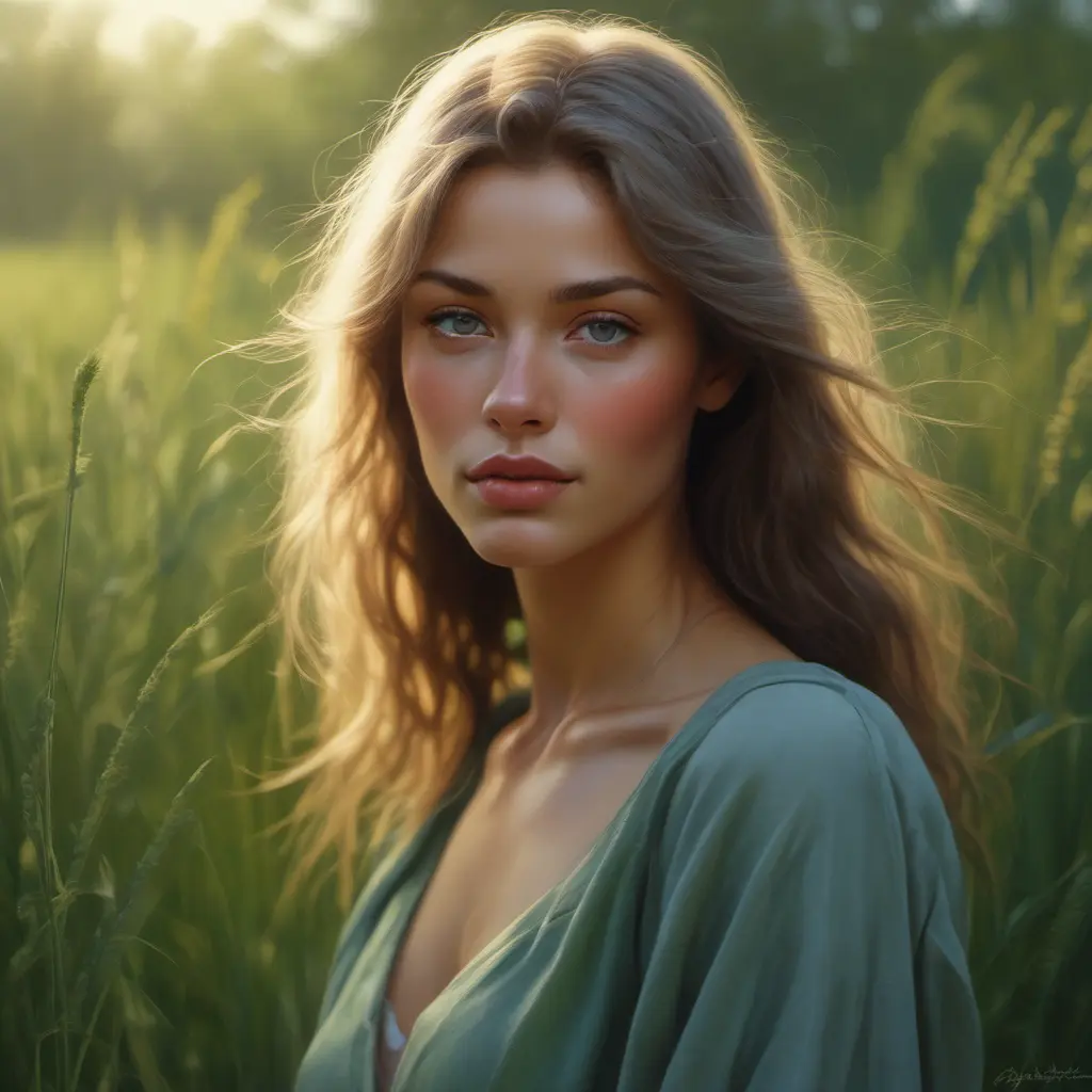 A stunningly beautiful woman stands in a field of tall, swaying grasses. Her skin is flawless, with a warm, radiant glow. Her features are delicate and enchanting - high cheekbones, full lips, and large, expressive eyes that seem to shift between shades of green, blue, and gray., 8k by Stanley Artgerm Lau