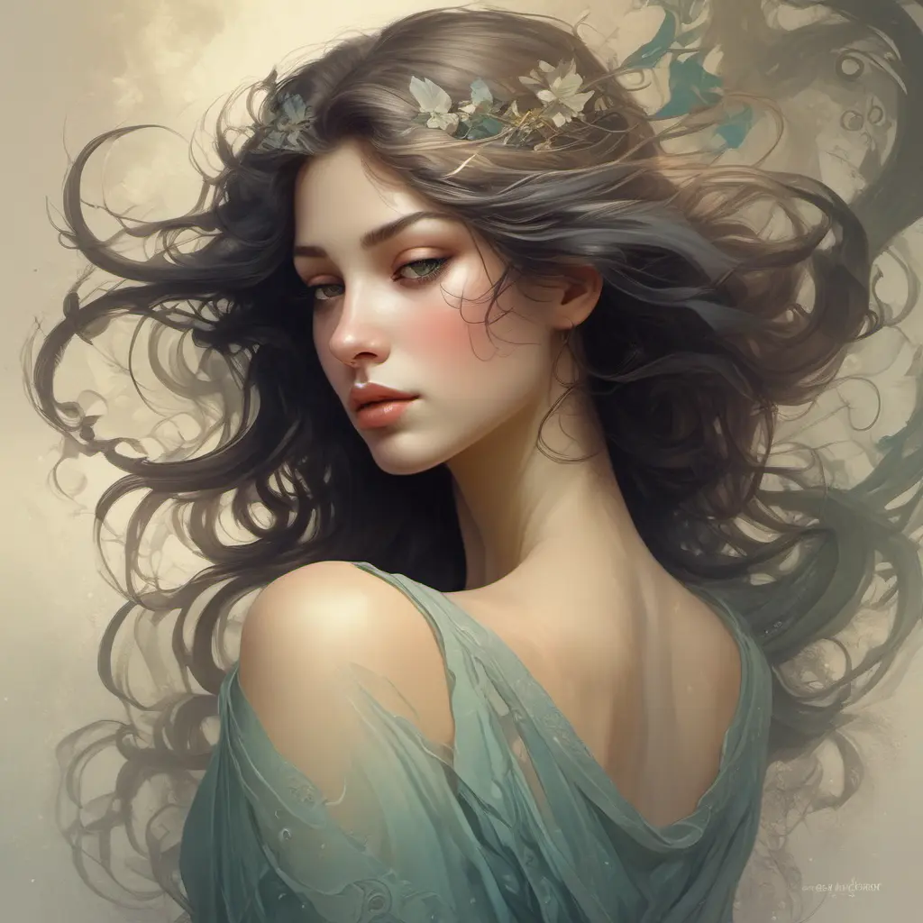 Misty air hums around a breathtakingly beautiful woman with a gentle melody, as if the very wind itself is whispering sweet nothings in her ear. She is a vision of beauty and grace, a living embodiment of nature's most enchanting creations., 8k, Art Nouveau, Surrealism by Stanley Artgerm Lau