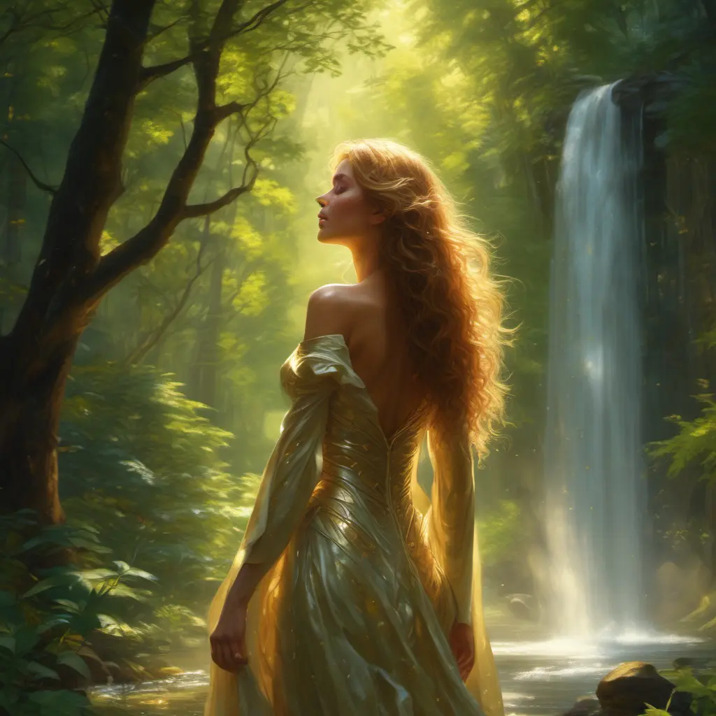 In the heart of a lush, verdant forest, bathed in dappled sunlight filtering through the leaves, stands a woman of breathtaking beauty. Her skin is the color of warm honey, glowing with an inner light that seems to radiate from within. Her hair cascades down her back in a waterfall of shimmering gold, each strand catching the light and reflecting it back in a dazzling display, 8k by Stanley Artgerm Lau